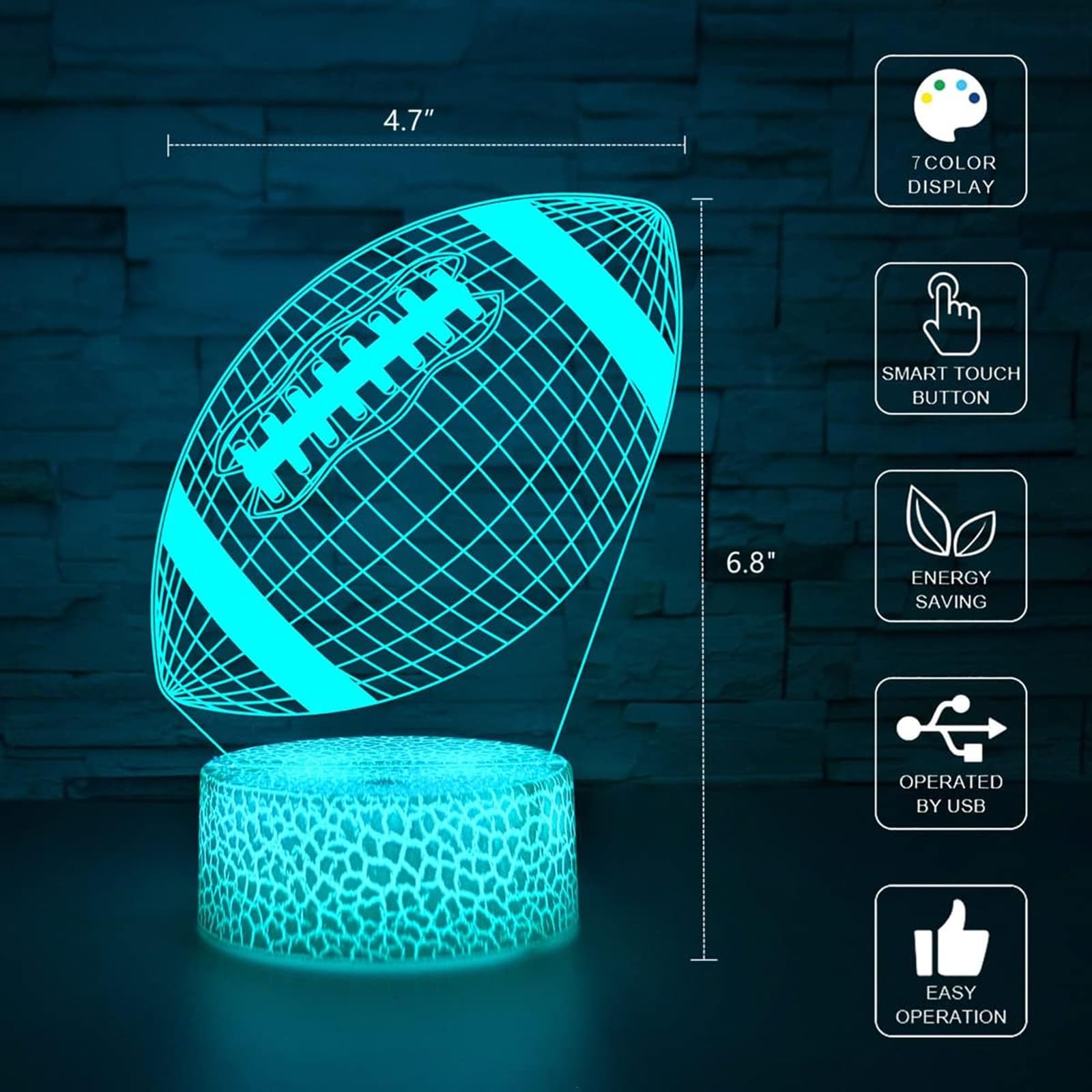 I-Chony Football Night Light, Led 3D Illusion Lamp, 7 Colors Auto Gradual Changing, Dimmable Football Gift For Kids Boys Girls T