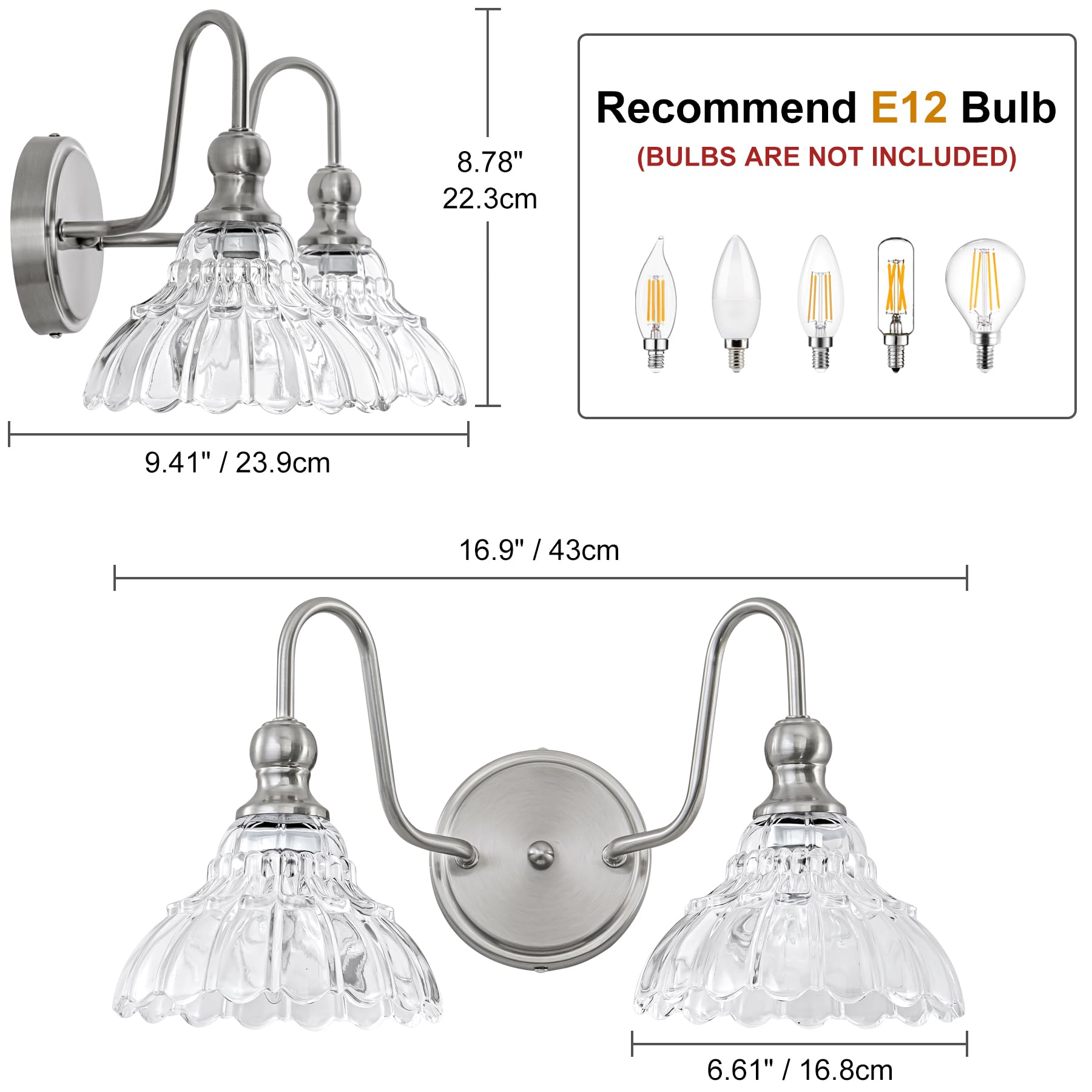 Brknit Vintage Bathroom Light Fixtures Over Mirror  2-Light Brushed Nickel Wall Sconce Lighting With Flower Glass Shade  Farmhouse Vanity Lights For Bedroom Kitchen Living Room Hallway Light