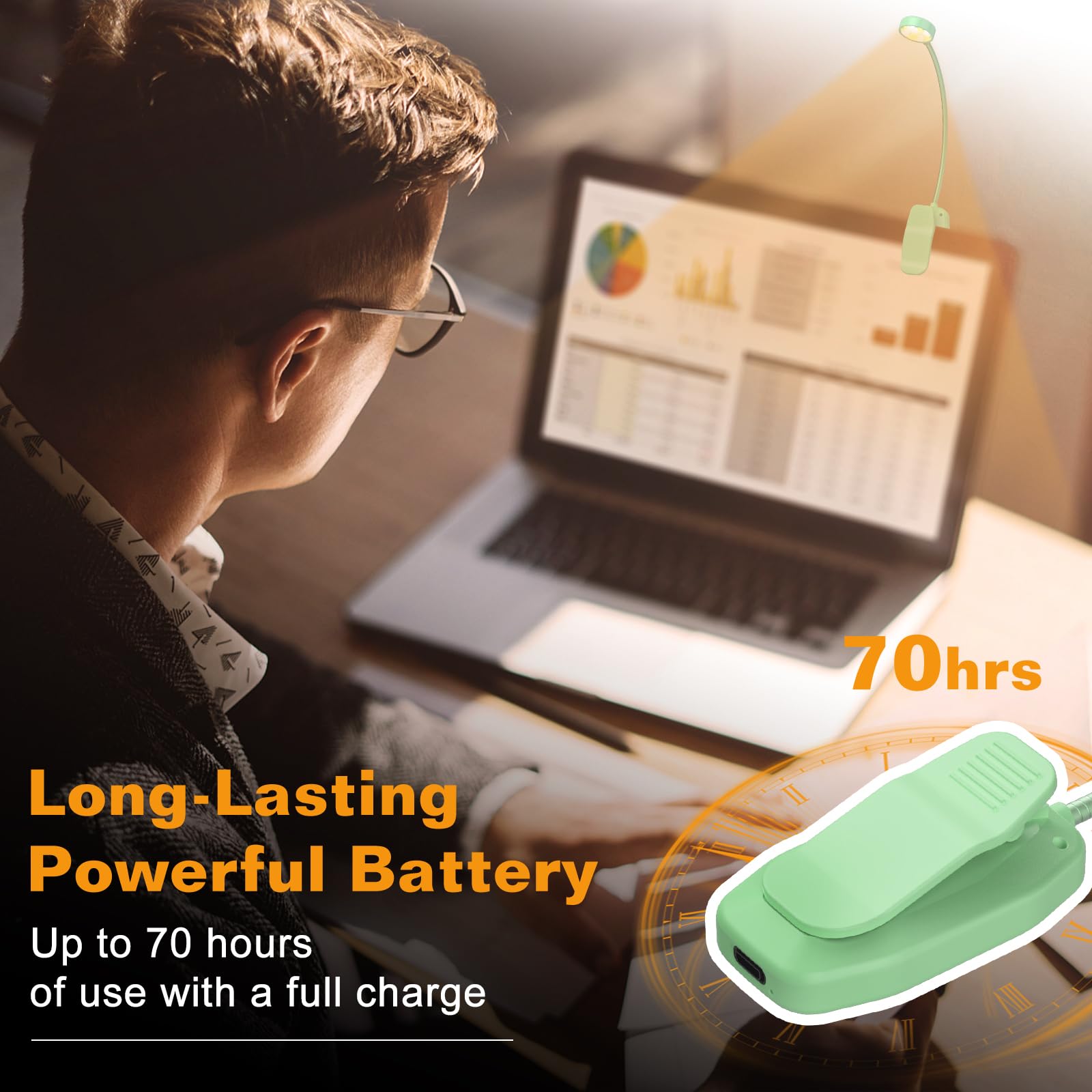 KTEBO Rechargeable Book Reading Light - Adjustable Brightness, 3 Color Temperatures, 30+ Hours Runtime, Black & Green, Model BHLBL-6