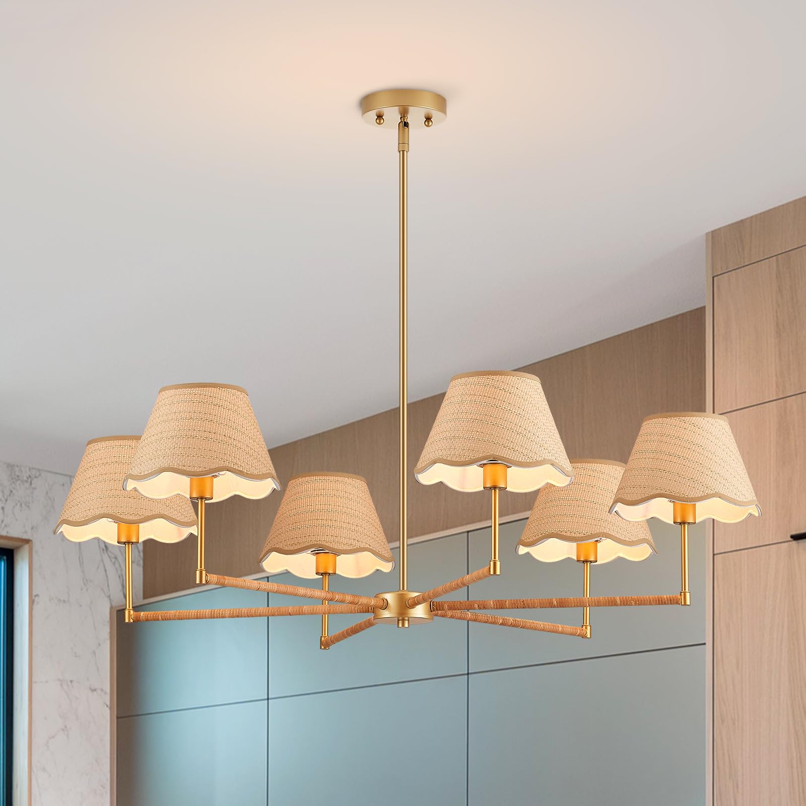 ELYCCUPA 39    Boho Rattan Chandelier 6-Lights Rustic Industrial Pendant Light Large Adjustable Pendant Lighting Fixtures for Ki