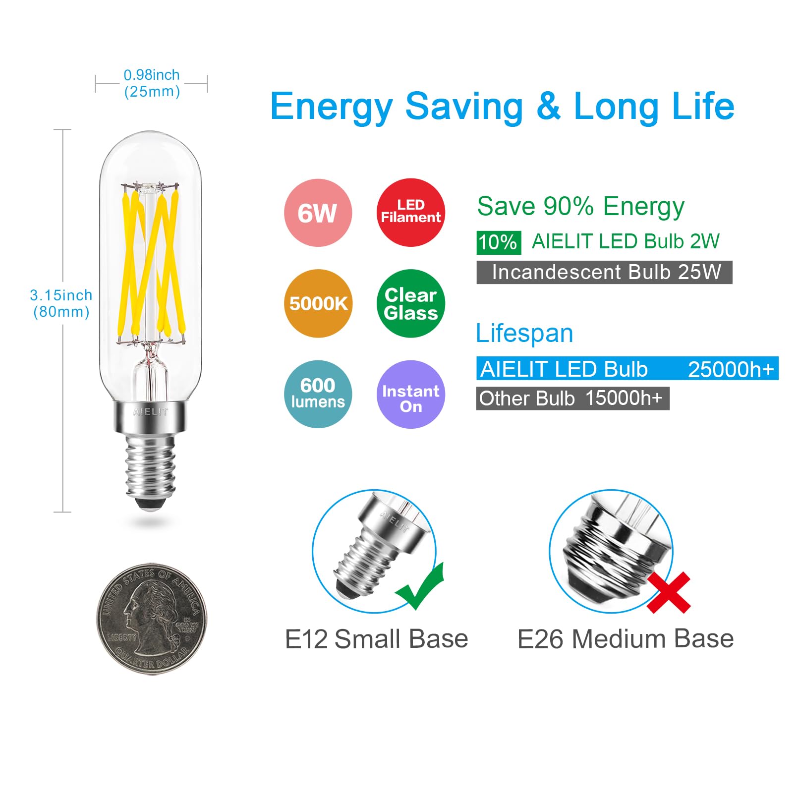 Aielit T8 Dimmable (0-100%) Filament Led Clear Light Bulb, 60W Equivalent Bright White 5000K, 6-Watt Tubular Led Bulb For Chande