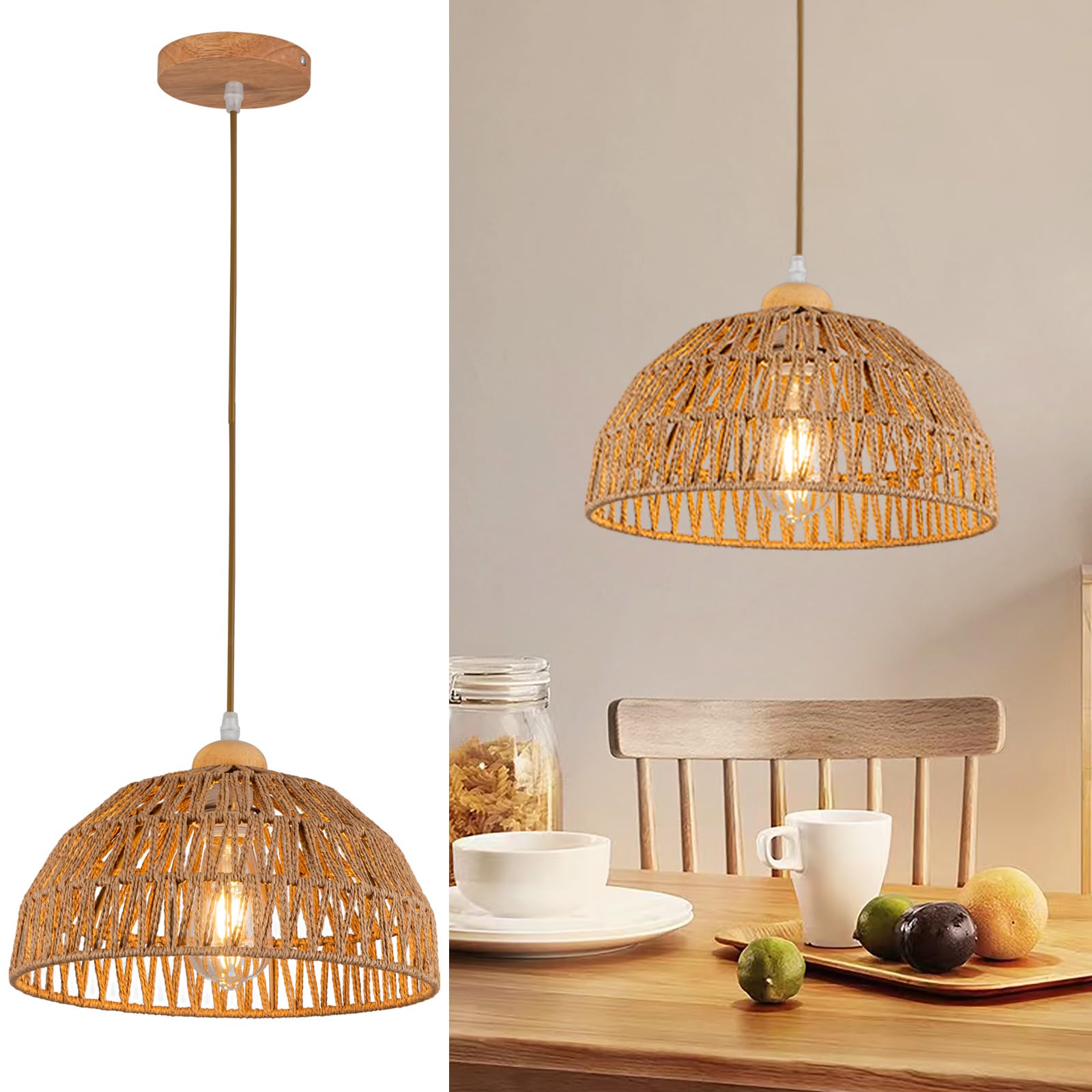 Boho Pendant Light Fixture Kitchen Chandelier Rattan Hanging Light Flush Mount Ceiling Light Boho Lamp Shade Wooden Base Bohemia