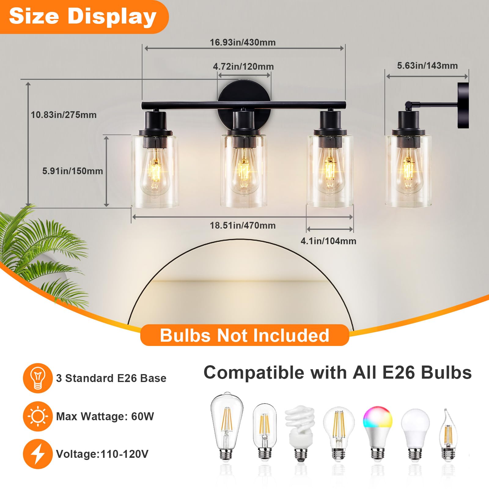 DINGLILIGHTING DLLT 3-Light Bathroom Light Fixtures - Matte Black, Metal, 2 Packs, Clear Glass Shade, E26 Bulb Base