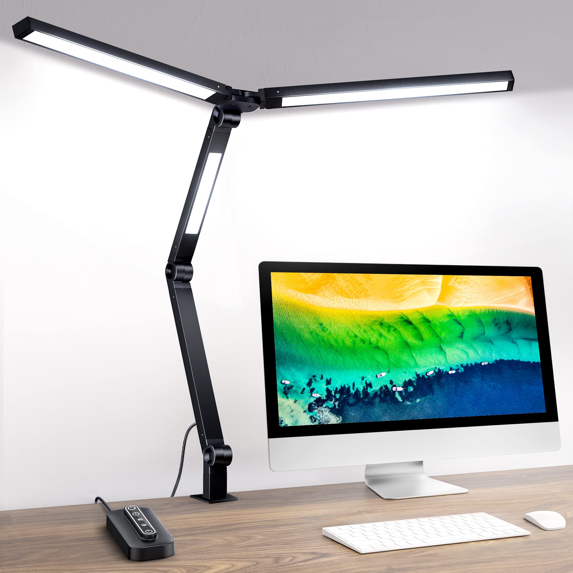 Mediacous Led Desk Lamp With Clamp - 20W, 3 Lights, 4 Color Modes, Eye-Caring And Flexible