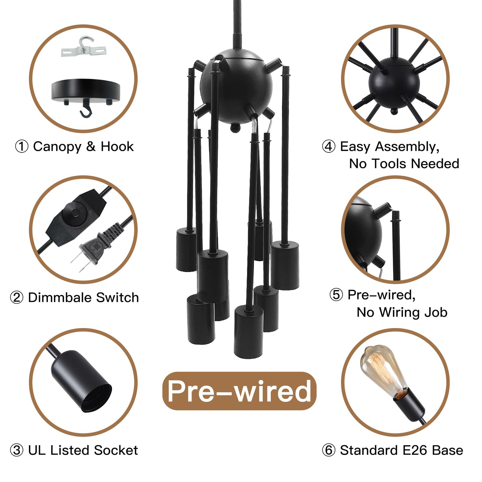 Hoxiya Dimmable Black Sputnik Chandelier, 8-Light Modern Pendant Light For Home & Office