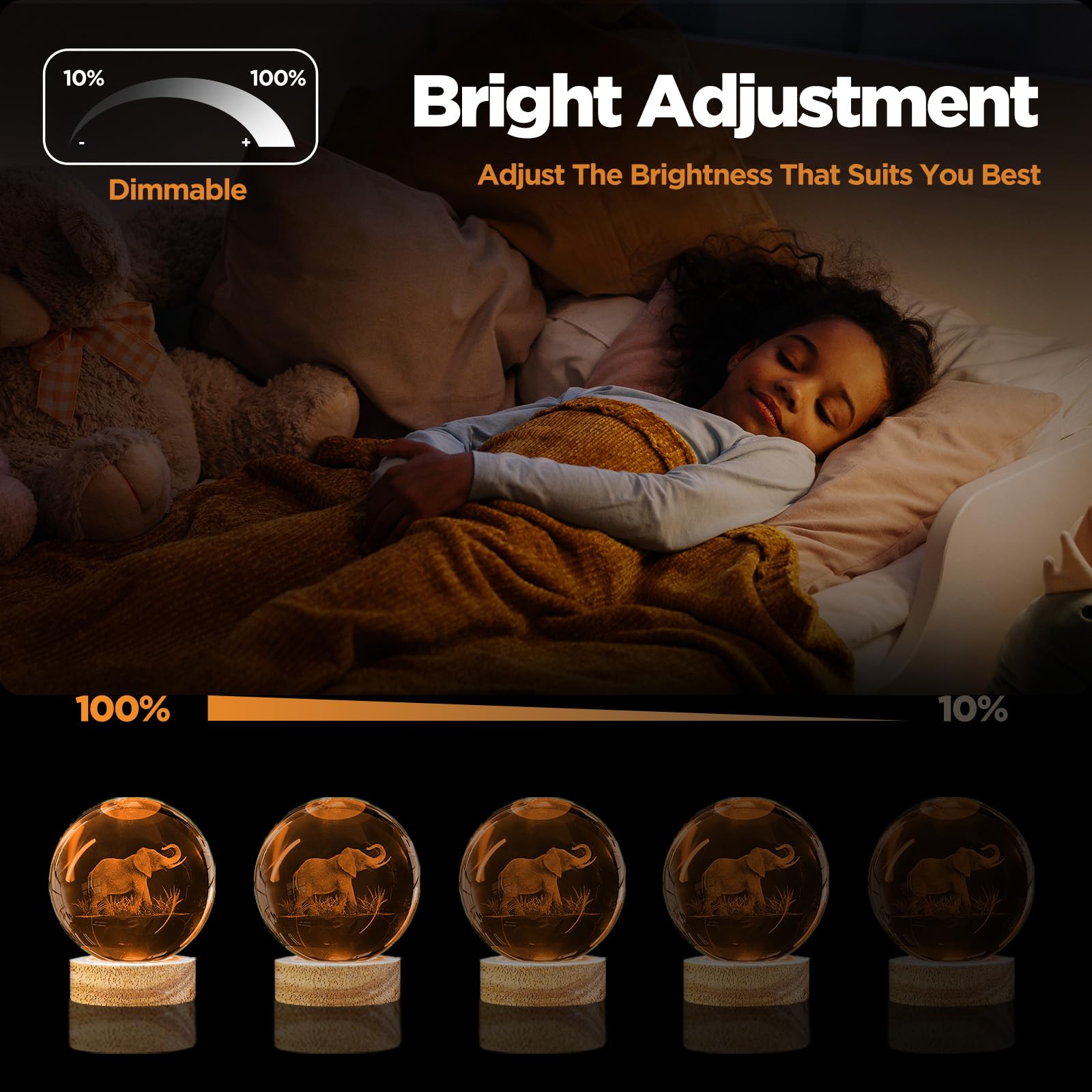 Pymin3D 3D Elephant Crystal Ball Night Light,3.15In K9 Crystal Ball Lamp With 16 Colors Change,Wooden Base And Remote Control De