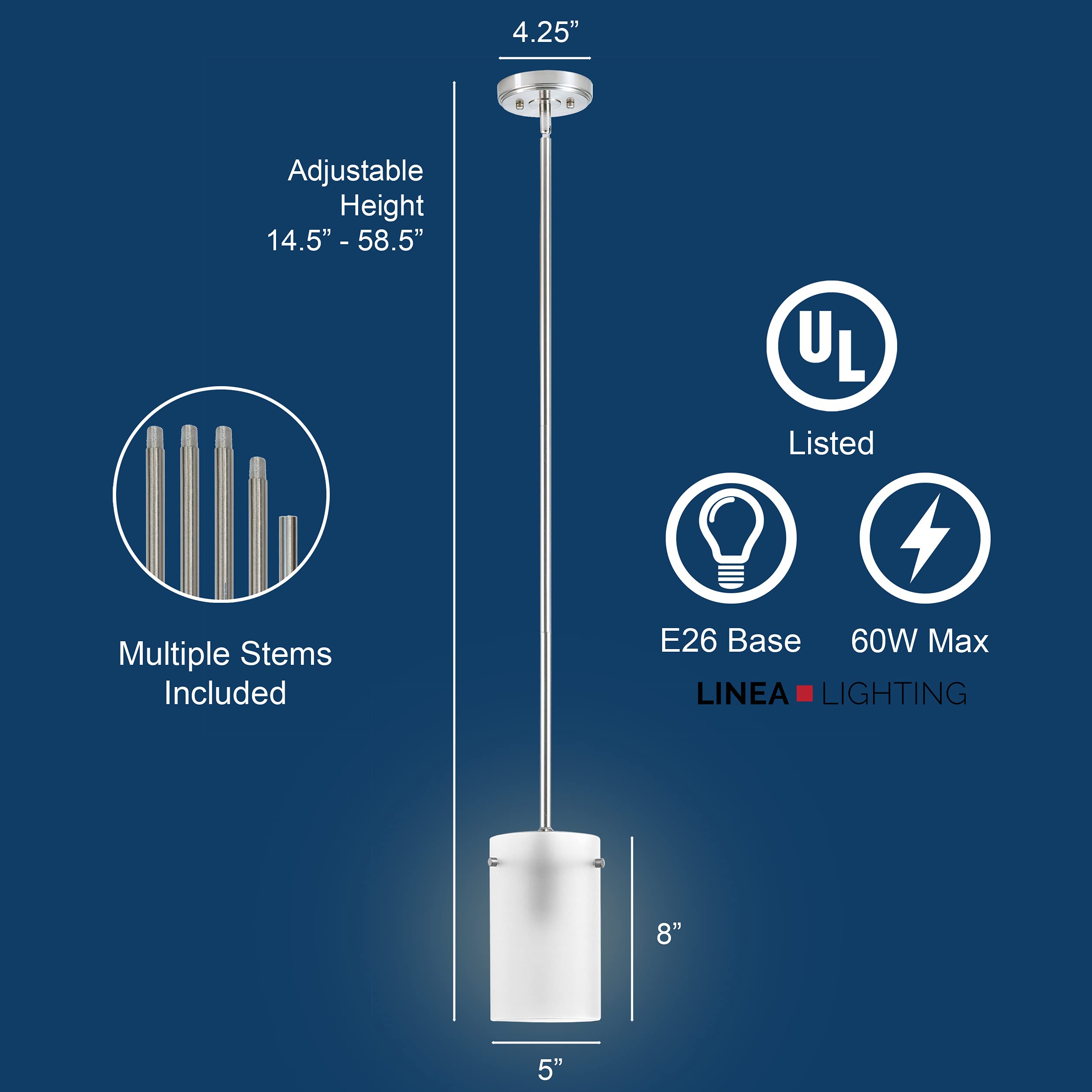 Linea di Liara Pendant Light, Modern Brushed Nickel, Medium Frosted Glass Shade, Model LL-P314F-BN