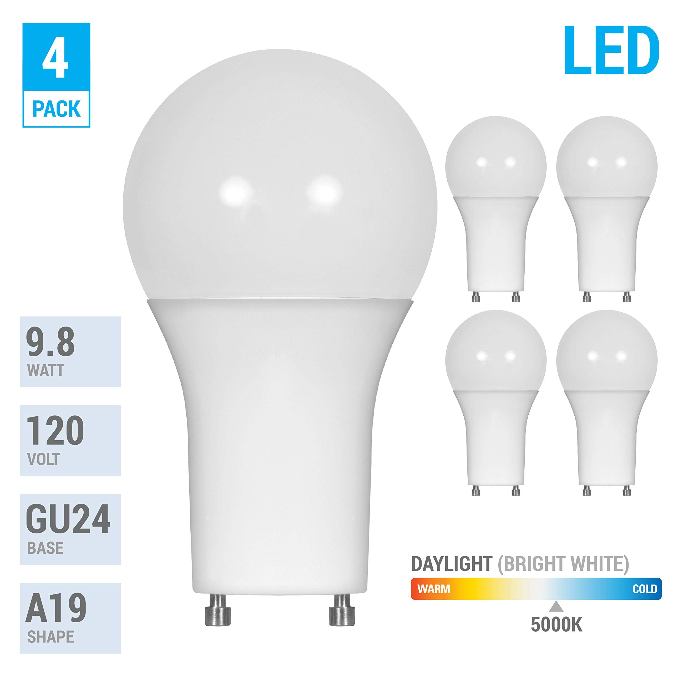 KOR LED GU24 A19 Light Bulbs, 60W Equivalent, 9.5W Dimmable, 4 Count, Daylight 5000K