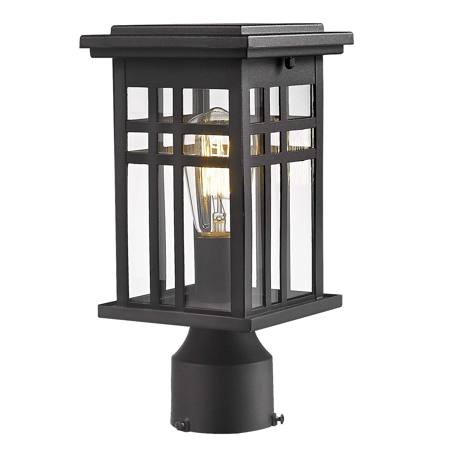 zeyu Outdoor Pole Lantern Light Fixture, Clear Glass Shade, Black Finish, Medium Size, Model 20068-P BK
