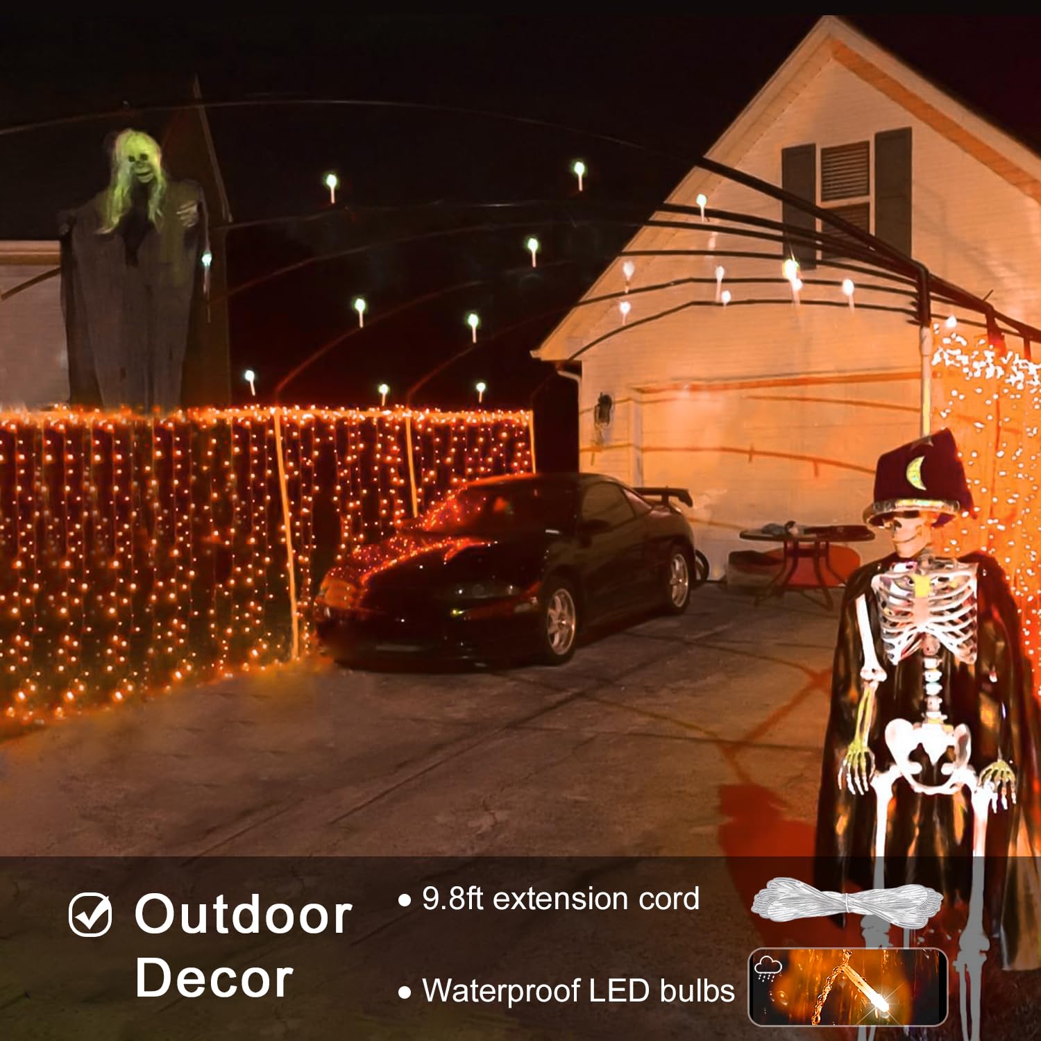 JMEXSUSS 300LED Halloween Curtain Lights with Remote, 8 Modes Orange Hanging String Lights Plug in for Fall Bedroom Party Hallow