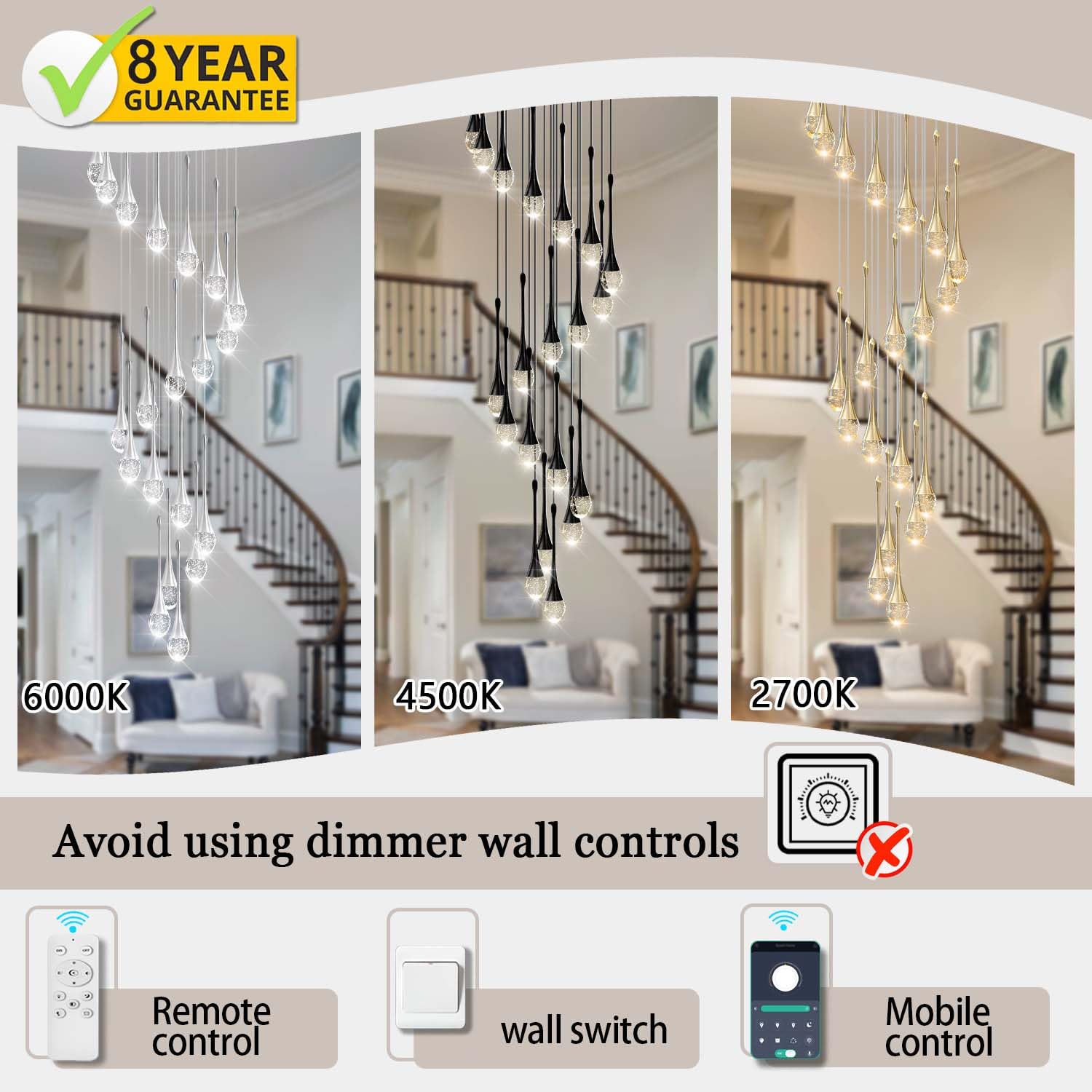 Ykolupty 9-Lights Black Pendant Chandliers 100'' High Staircase Ceiling Chandeliers Crystal Bubble Raindrop Lighting Chandelier Ceiling Living Room Dimmable 2700-6000K Led Dining Lighting