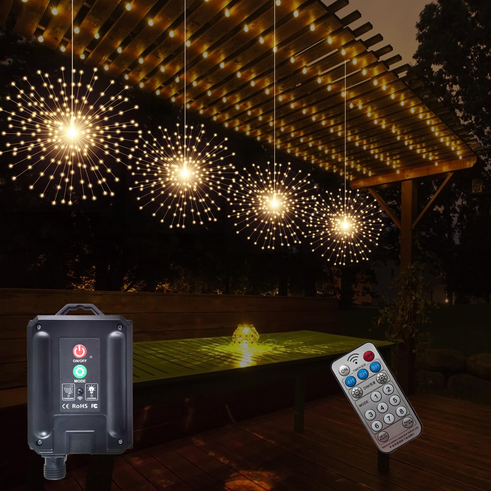 4 Pcs 800Led Solar Starburst Sphere Lights,Firework Lights Remote Control Timer 8 Modes Dimmable Waterproof Hanging Fairy Lights, Sparkly Lights For Patio Garden Tent Outdoor(Warm White)