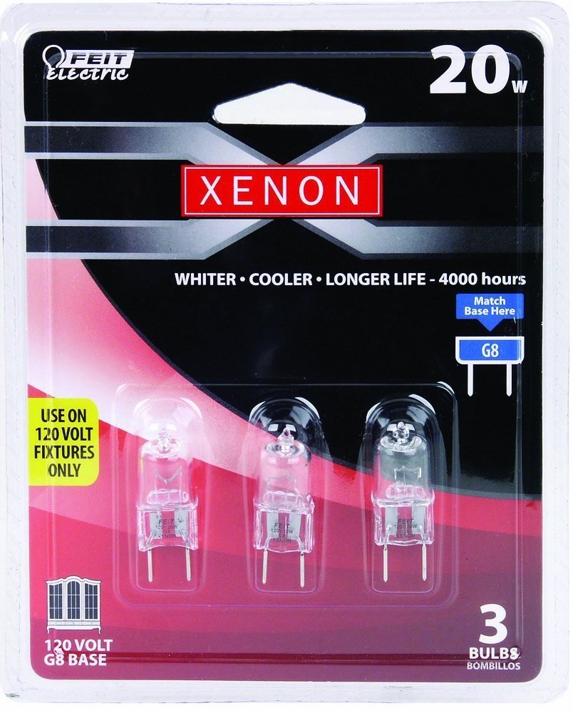 Feit Electric 20-Watt Xenon Halogen Light Bulb, Dimmable, G8 Bi-Pin Base, 170 Lumens, 3-Pack