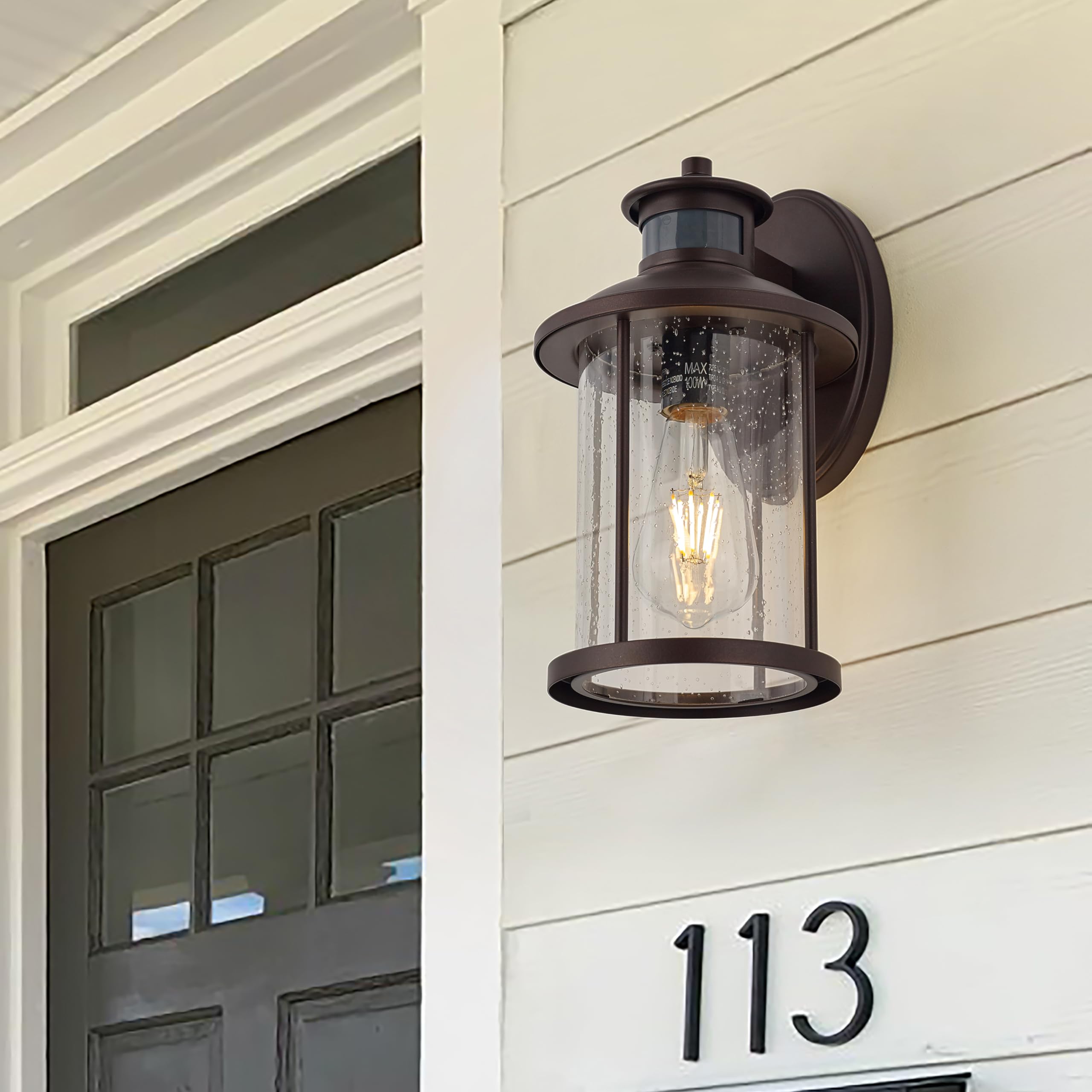 MICSIU 11.5 Inch Motion Sensor Wall Sconce 2 Pack, Dusk to Dawn Outdoor Lighting, Oil Rubbed Bronze, Clear Seedy Glass