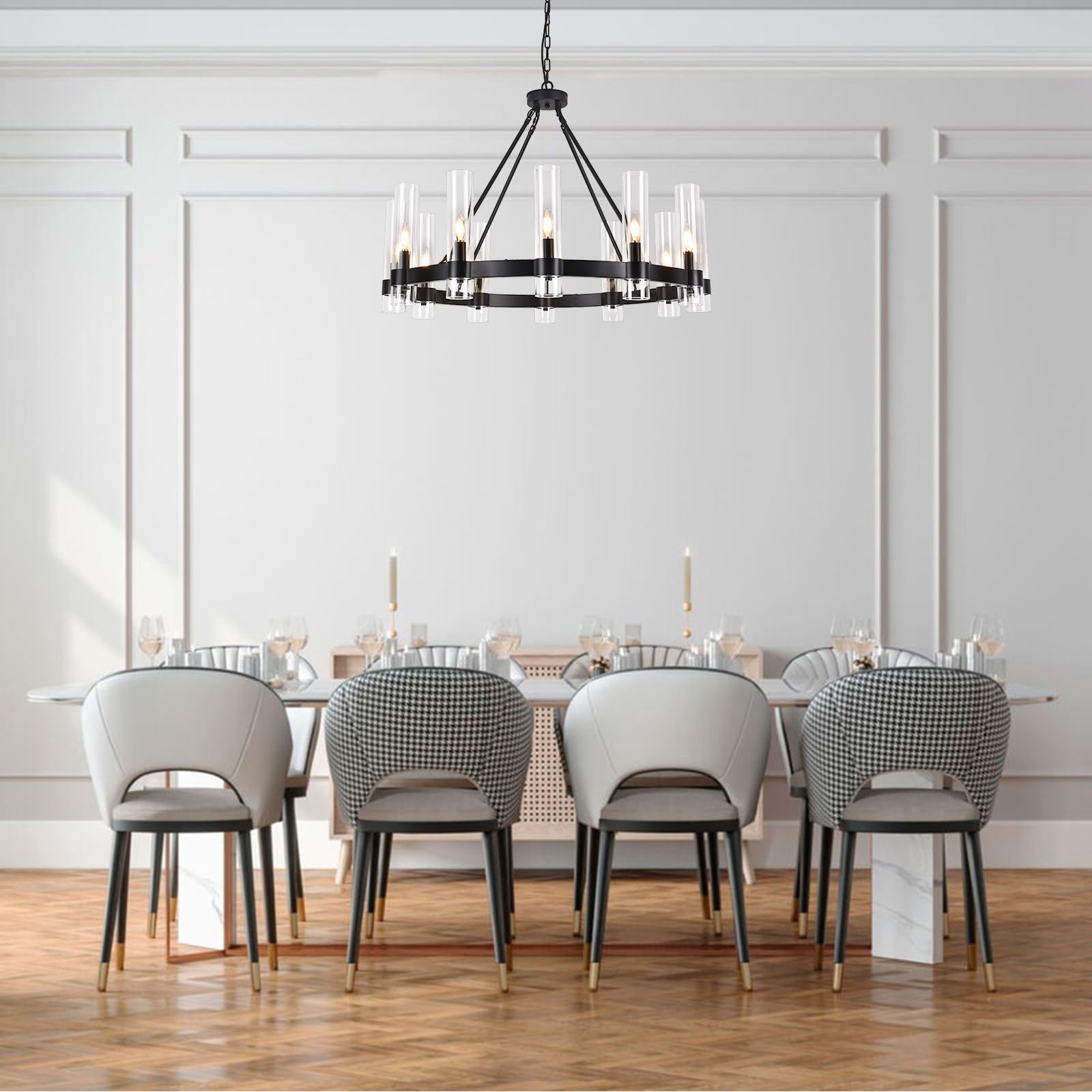 QLXTeltd 36" Black Wagon Wheel Chandelier, 12-Lights Farmhouse Design for Dining Room, Living Room, Bedroom, Foyer
