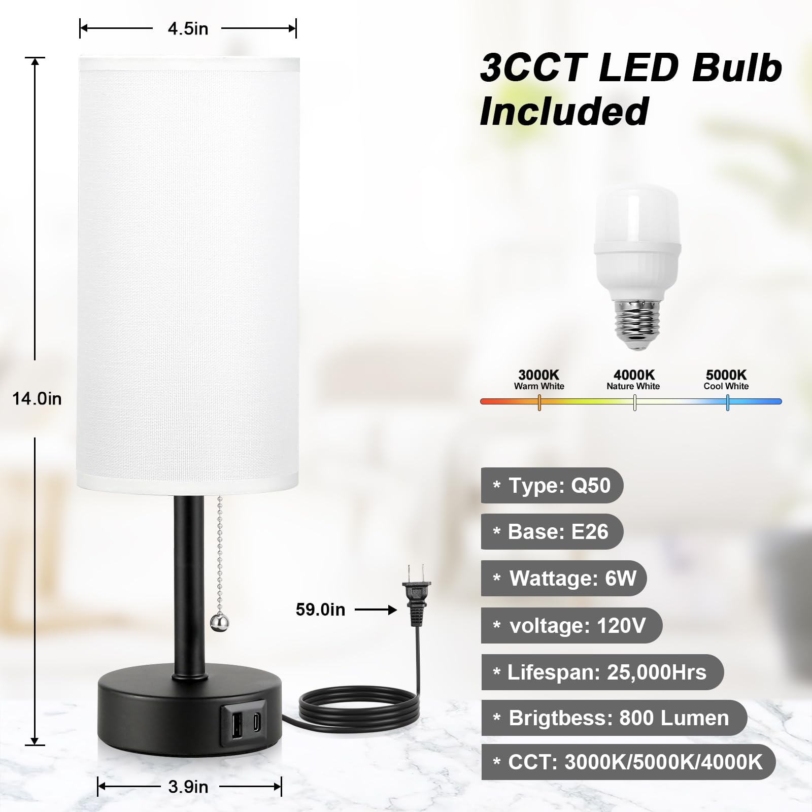 White Table Bedside Lamp For Bedroom Nightstand - Small Lamp With Usb A + C Charging Port, 3 Color Temperatures Pull Chain Night