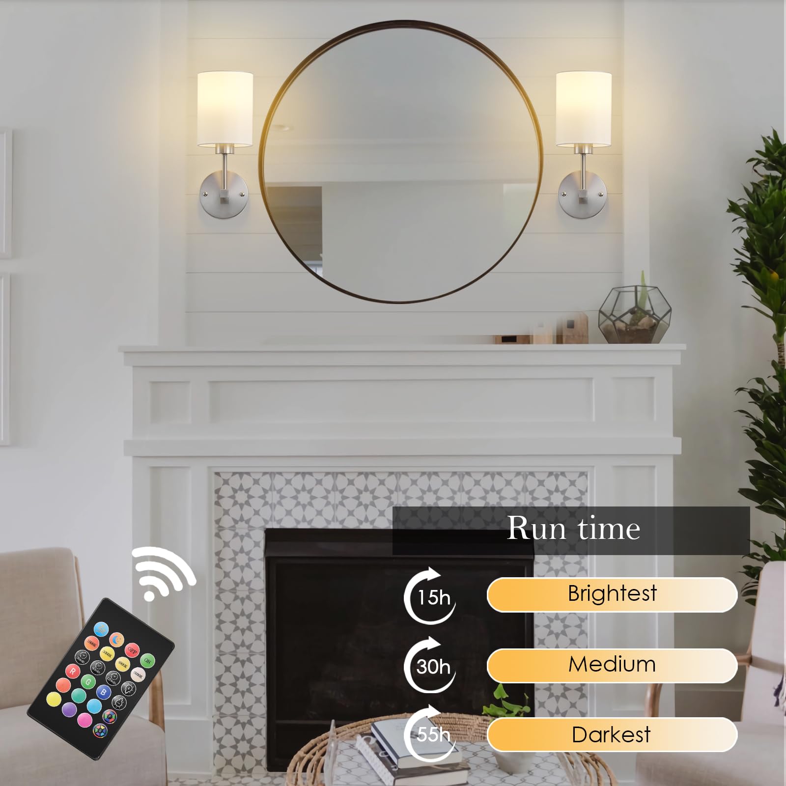 KARTOOSH Battery Operated Wall Sconce Set of Two, Wireless Rechargeable, Dimmable, 13.5 Inch, Nickel, Model ZM213BNC35-N1