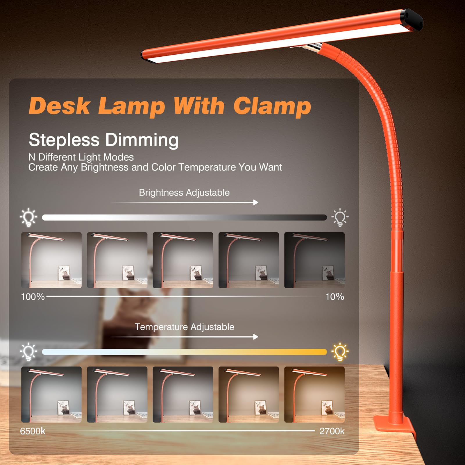 Airlonv LED Desk Lamp, Eye-Caring, Stepless Dimming, Gooseneck, Aluminum, Standard Size, Orange, Model HD-PL18DC1002