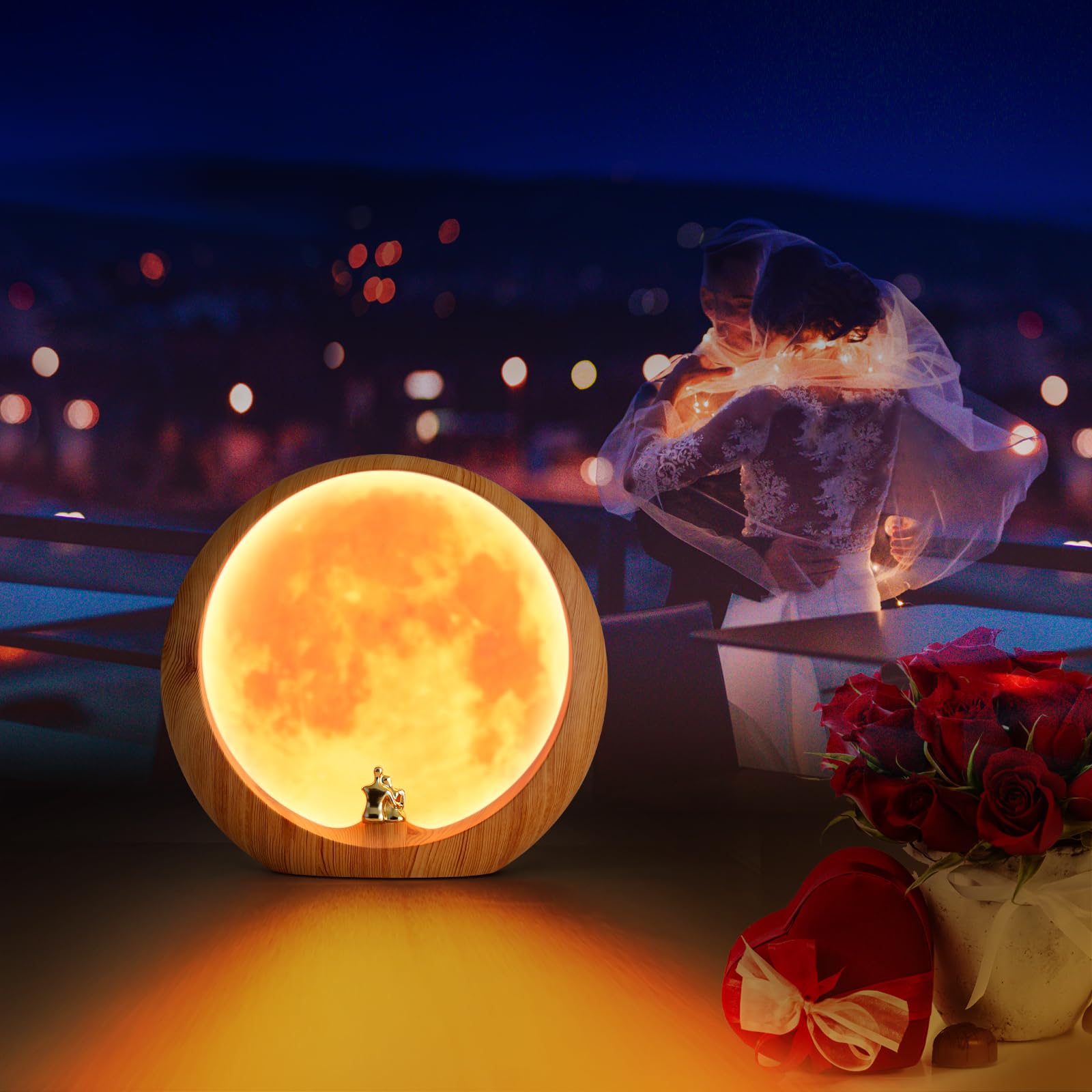 mamre Moon Lamp - Red Moon Night Light, Wood Grain Color, RM1602, Perfect for Living Room Decor and Wedding Gifts