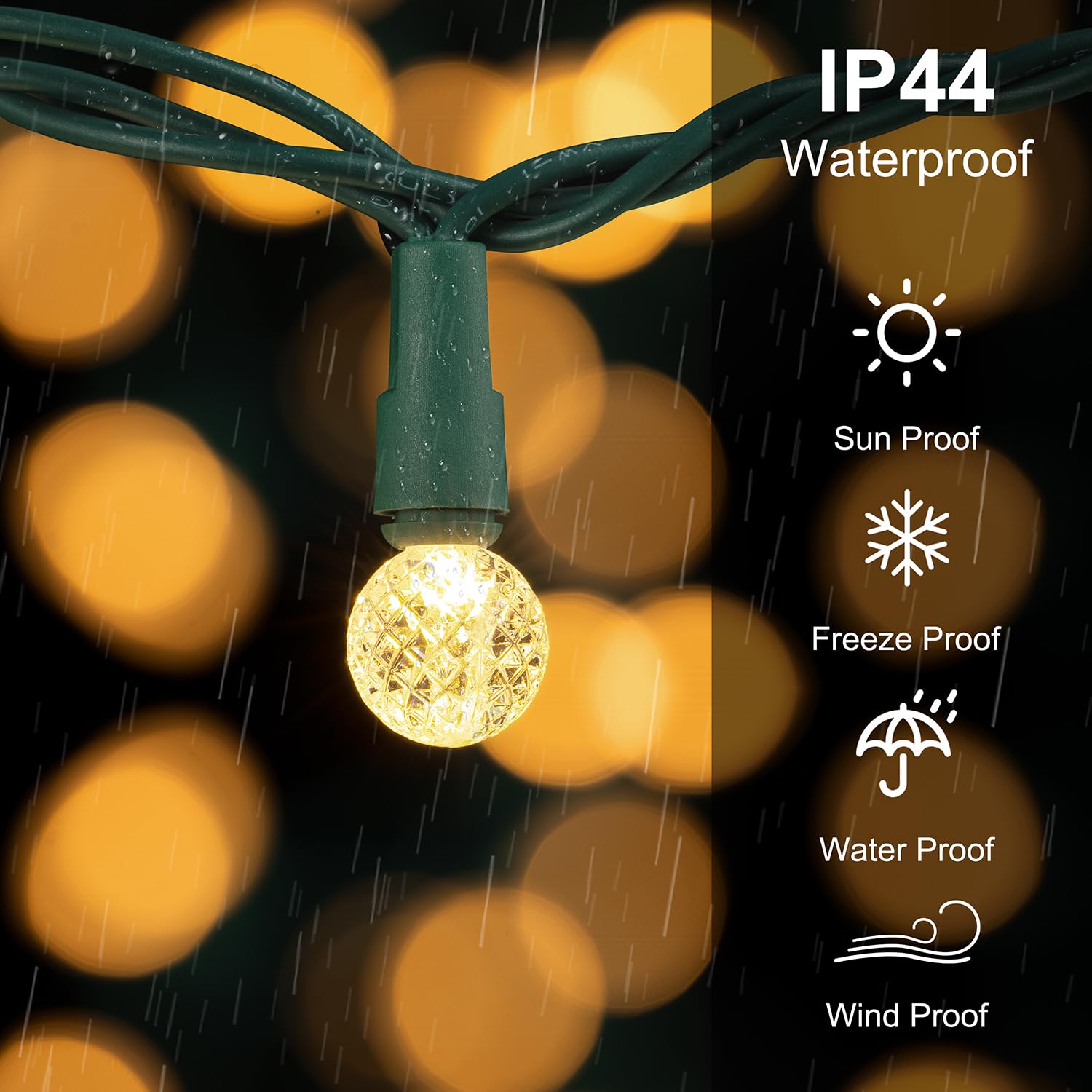 BOHON Christmas Lights Outdoor Faceted G15 50 LED 17ft Plug in Mini Globe String Lights Waterproof Extendable Green Wire for Ind