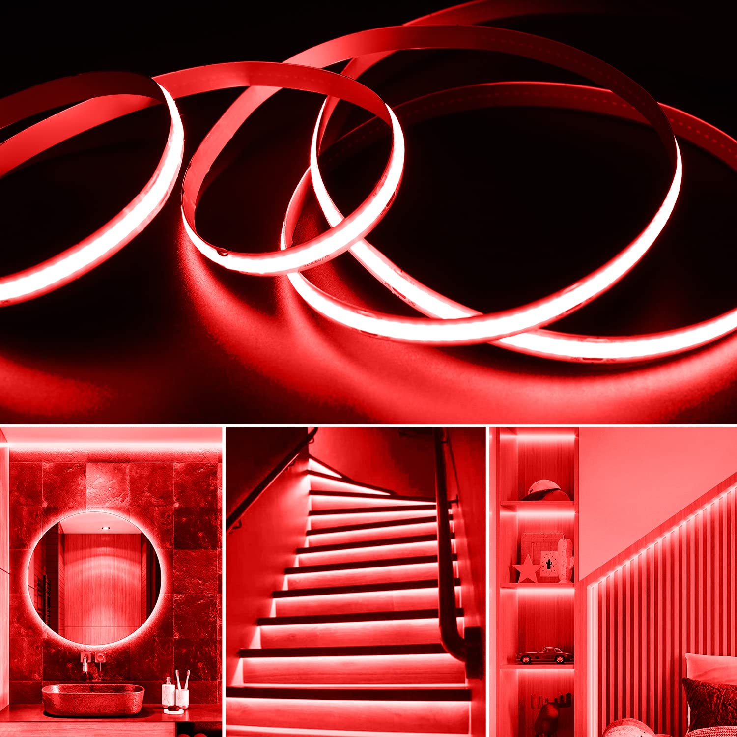Smacen Battery Powered Cob Led Strip Lights, 4.92Ft Battery Operated Red Led Strip Lights, High Brightness Flexible Led Tape Lights For Room, Cabinet, Bedroom, Kitchen, Party, Home Diy Decoration