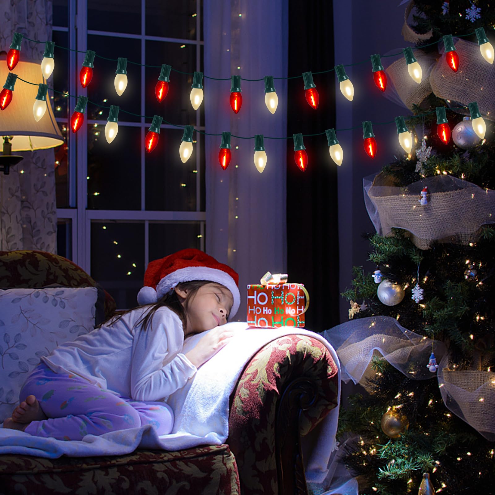 C7 Led Red And Frosted White Christmas Lights 25Ft Outdoor Christmas Decorations String Lights With 27 Shatterproof Led Bulbs, H