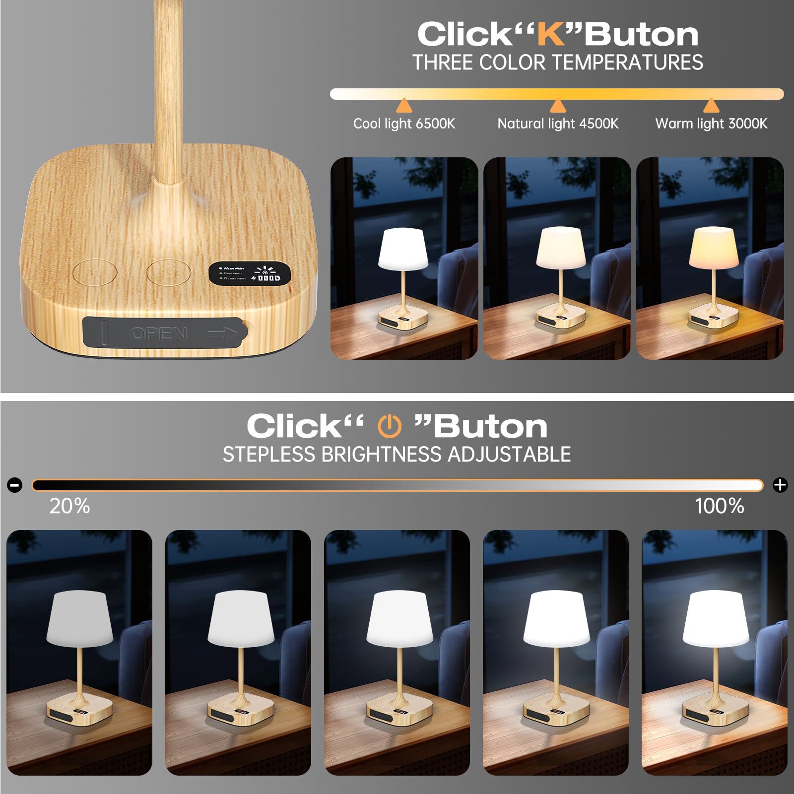 Lightbiz Outdoor Table Lamp - 8000mAh Rechargeable, IP55 Waterproof, Dimmable LED, Wood Color, Model G300-Black