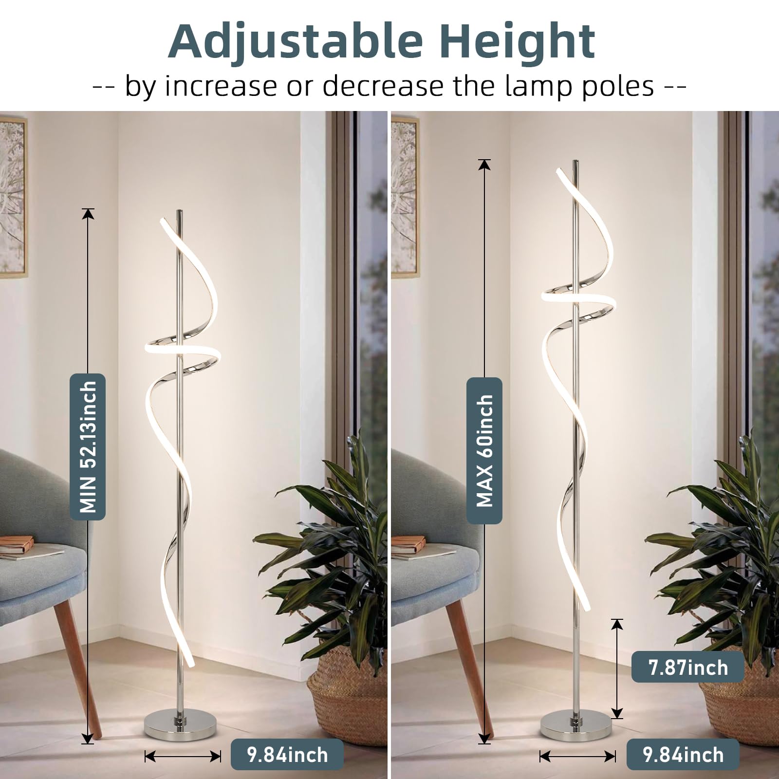 EIDISUNY Modern Floor Lamp - 60" Dimmable LED, Remote Control, Chrome, 48W, 3 Color Temperatures for Living Room, Bedroom, Home Office