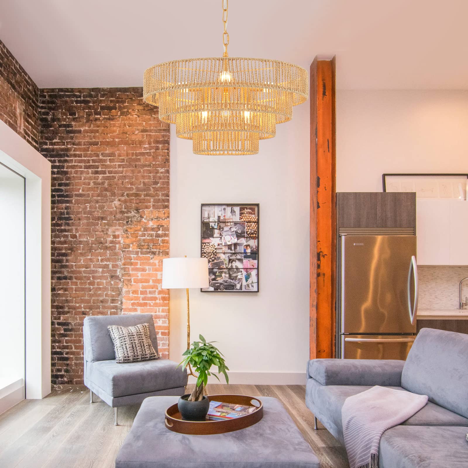 Elyccupa 6-Lights Hand-Woven Rattan Pendant Light 4 Round Transitional Minimalist Boho Large Pendant Light For Kitchen Island Dining Room Living Room Hallway, Dia 20 Inch, Ul Listed