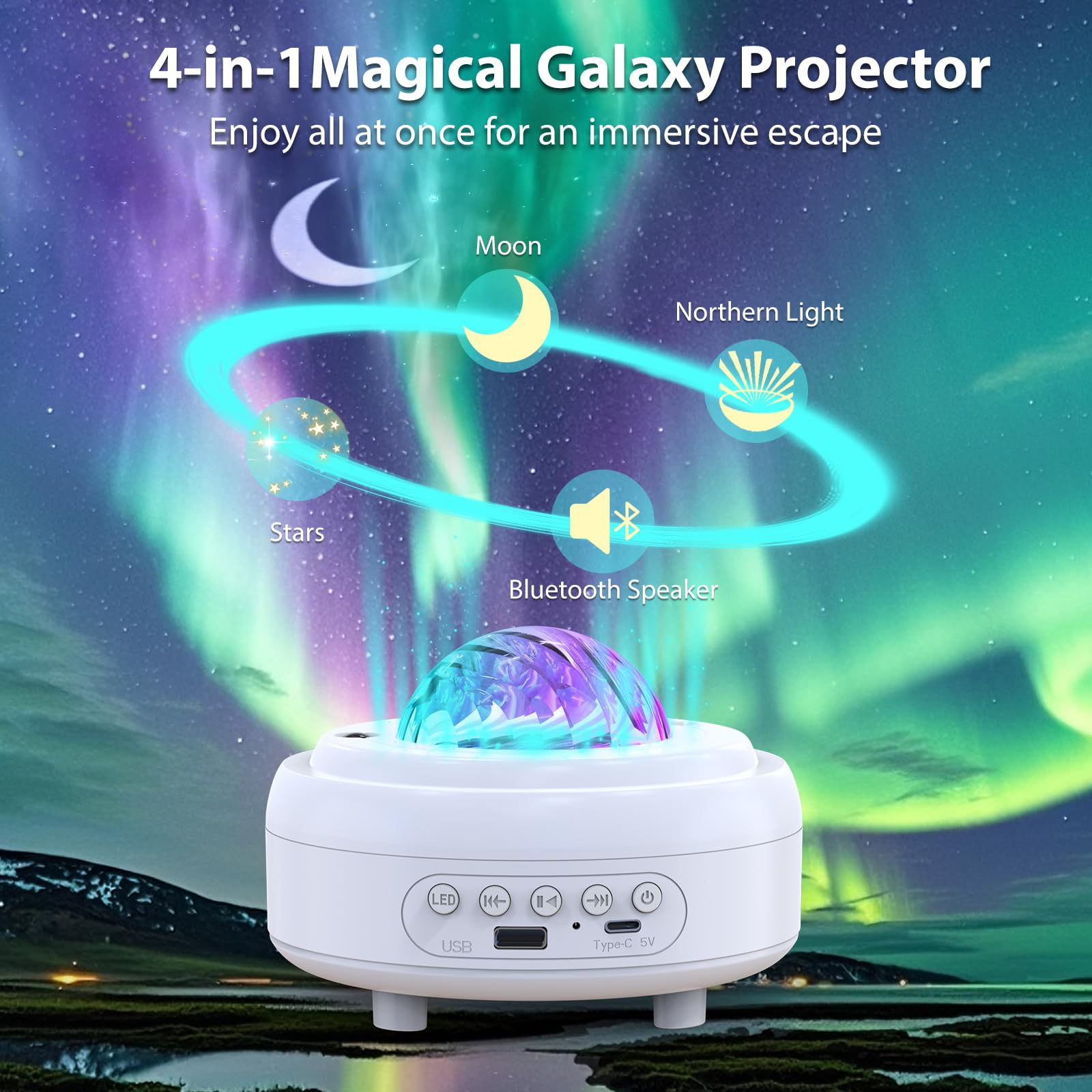 HUMIIEYE Galaxy Projector with Bluetooth Speaker, 8 Modes Northern Lights, Model DY105, White