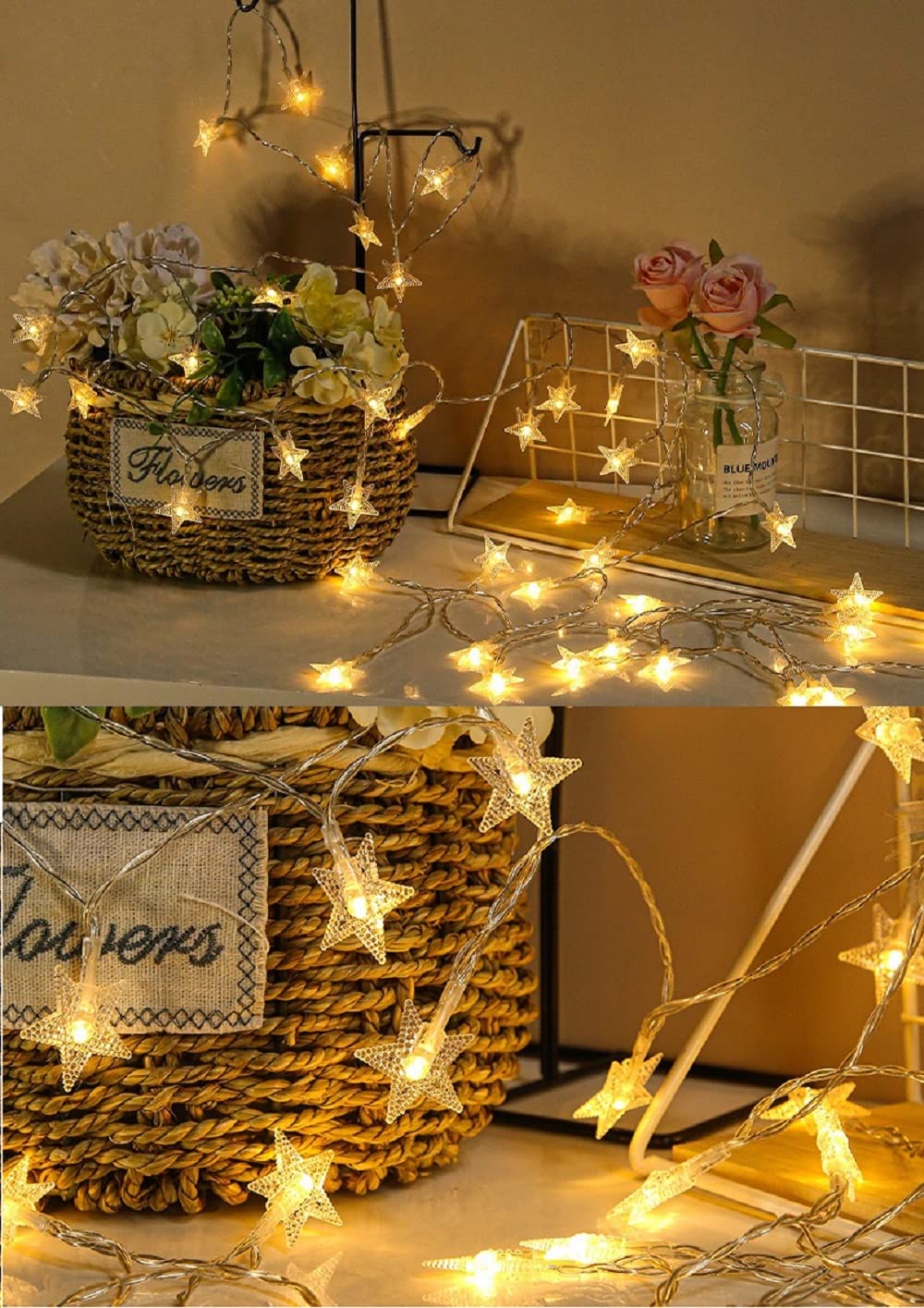 Merdeco Star String Lights, 20ft 40 LED, USB Powered, Warm White Fairy Lights, Plastic, for Party Wedding Christmas Home Decoration