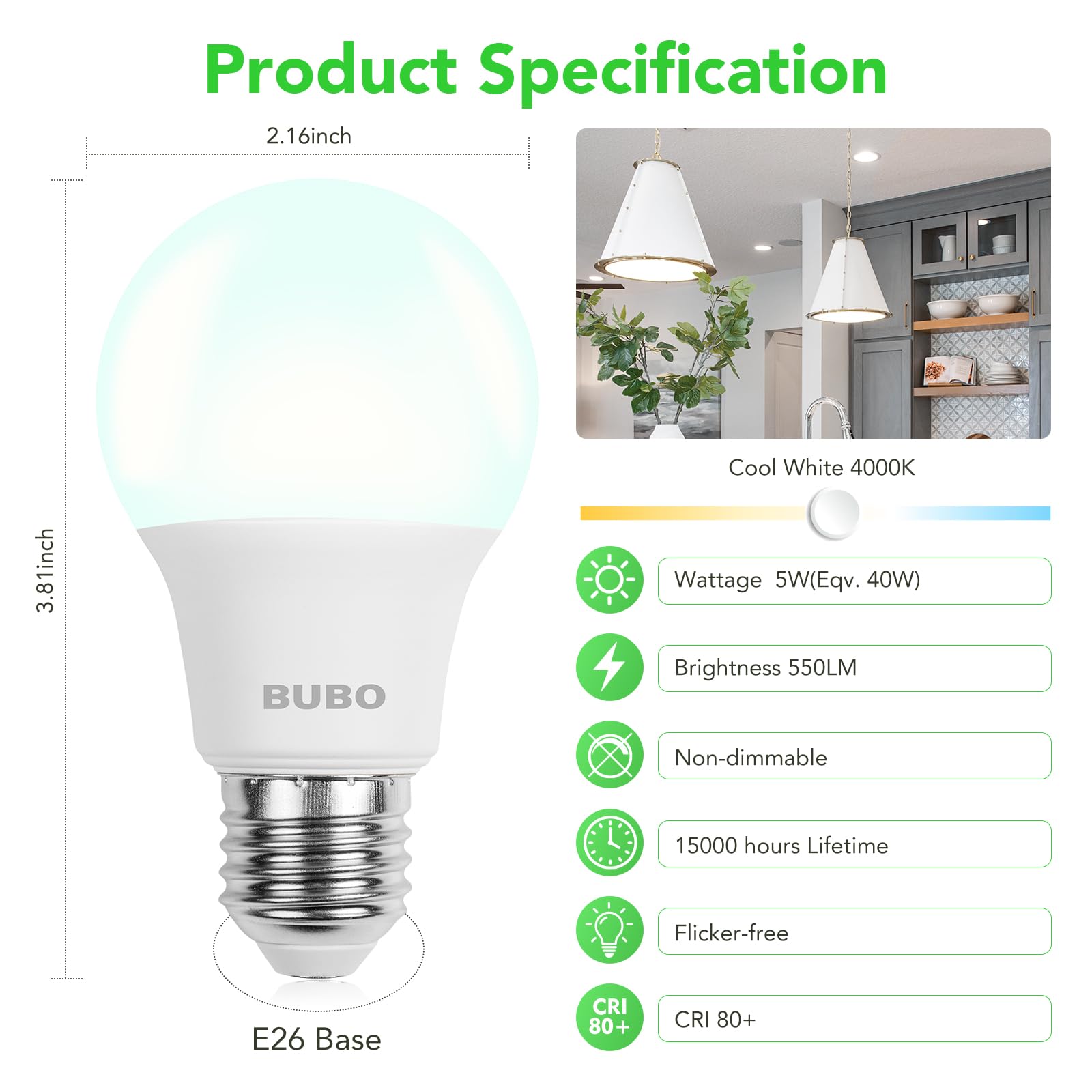 Bubo A19 Led Light Bulbs, 40 Watt Equivalent Led Bulbs, Cool White 4000K, 550 Lumens, E26 Standard Base, Non-Dimmable, 5W Cool W