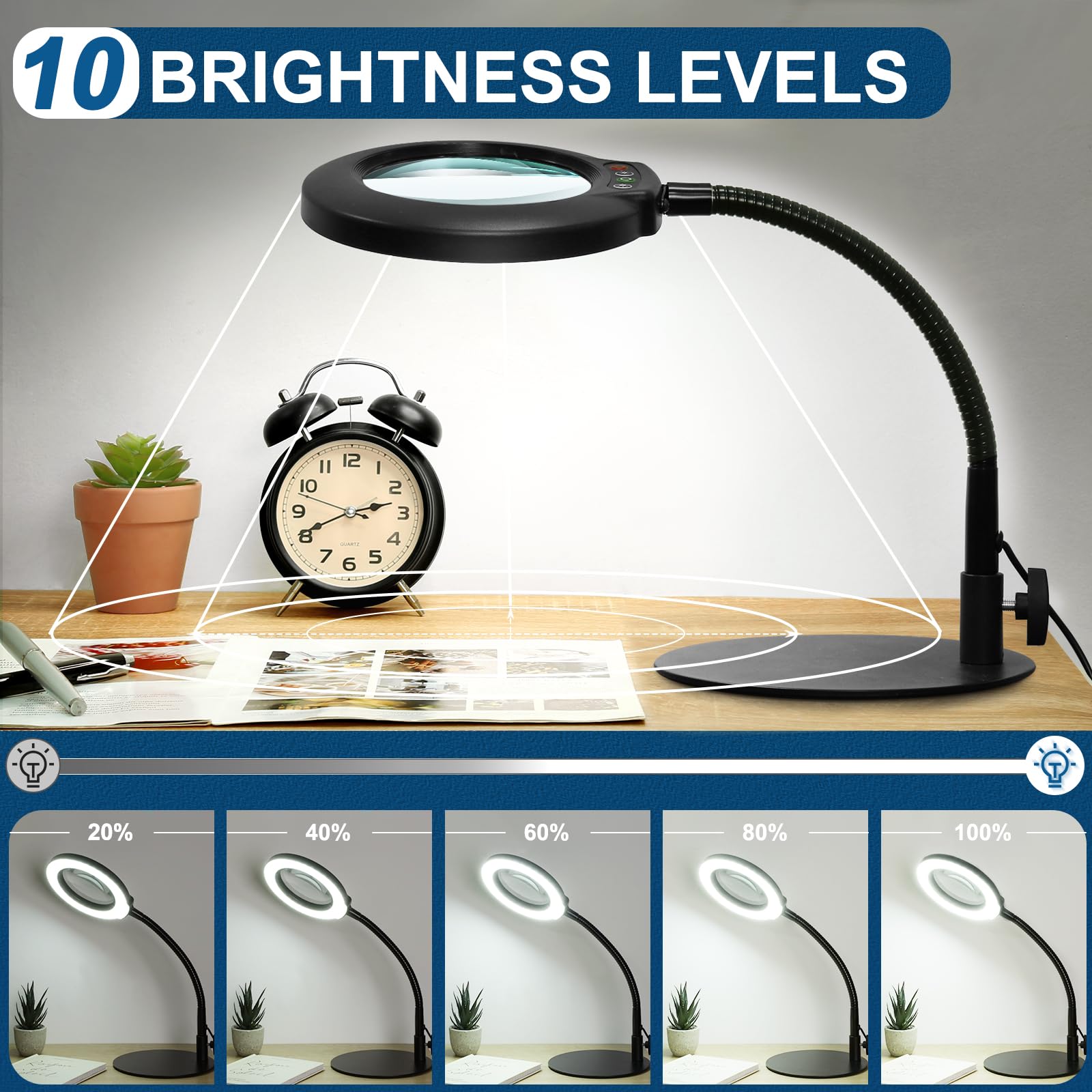 IVMAIE 10X Magnifying Glass with Light, Dimmable LED Desk Lamp, Gooseneck Stand, Black, Real Glass, Ideal for Crafts & Reading