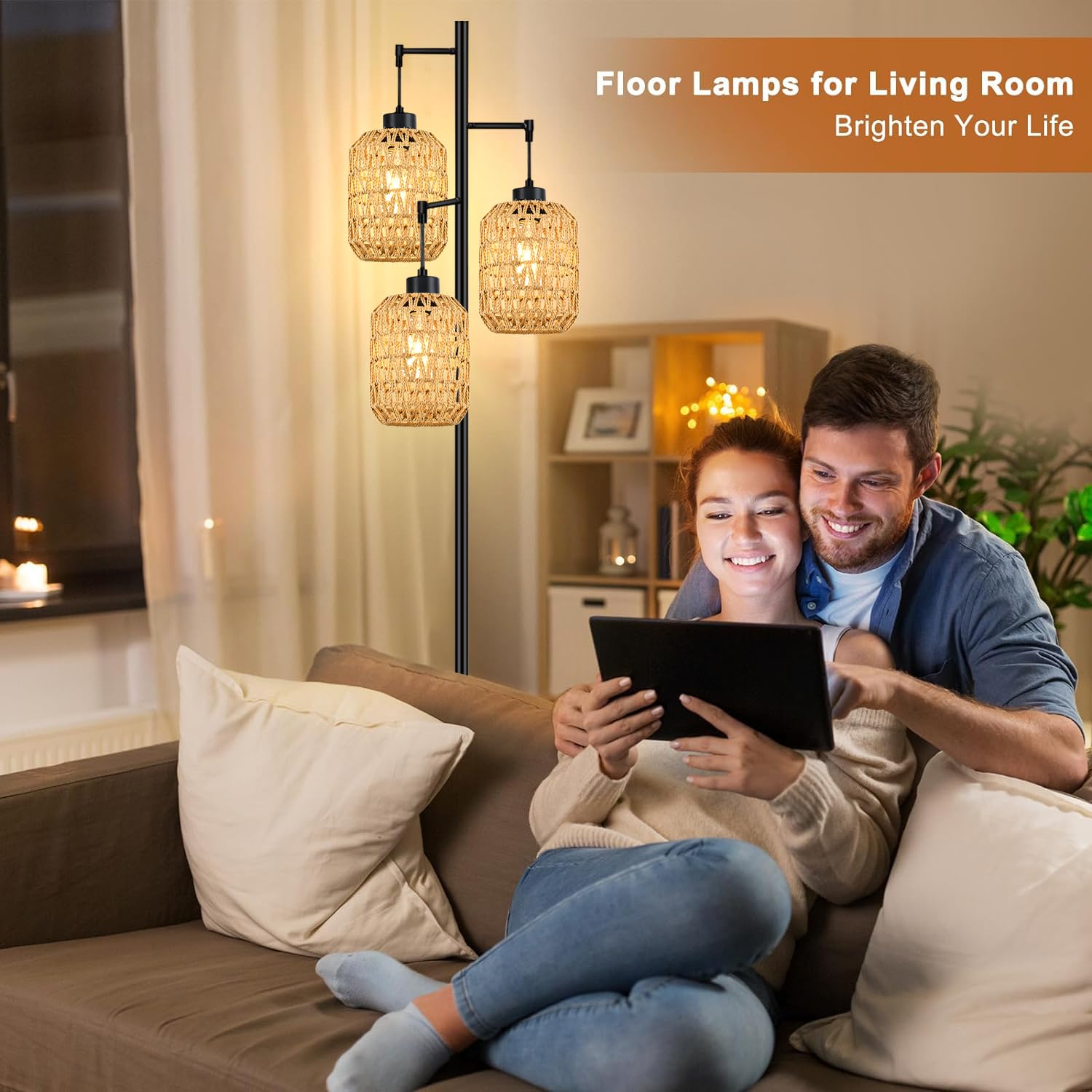 Qiyizm Floor Lamp For Living Room,Bedroom,Boho Rattan Tree 3 Lights Farmhouse Floor Lights,Industrial Black Standing Lamp Wicker