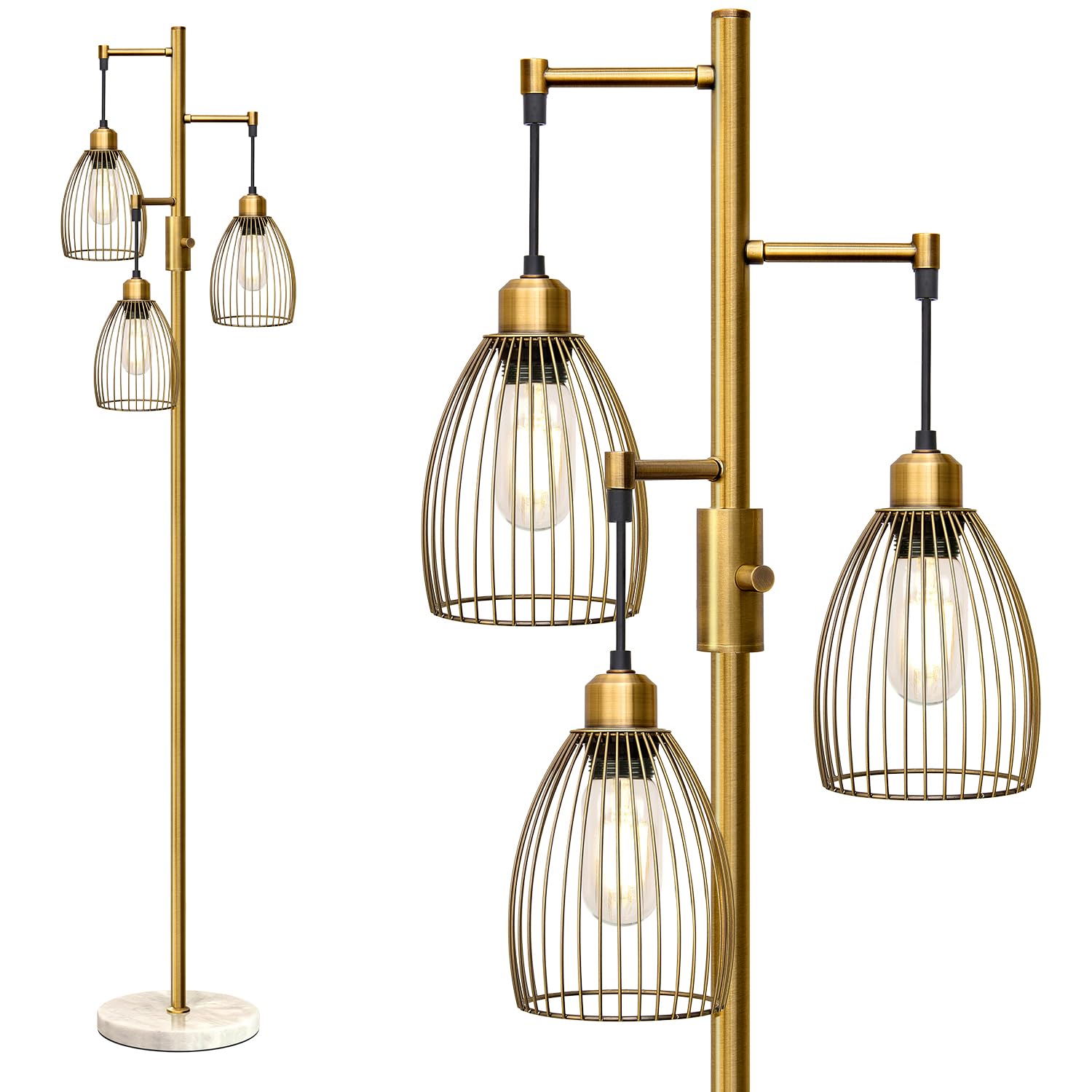 Torondo Dimmable Floor Lamps for Living Room  Industrial Standing Lamp with Marble Base  Antique Brass Tree Tall Pole Light with 3 Elegant Teardrop Cage Head & 800 Lumens LED Bulbs for Bedroom Office