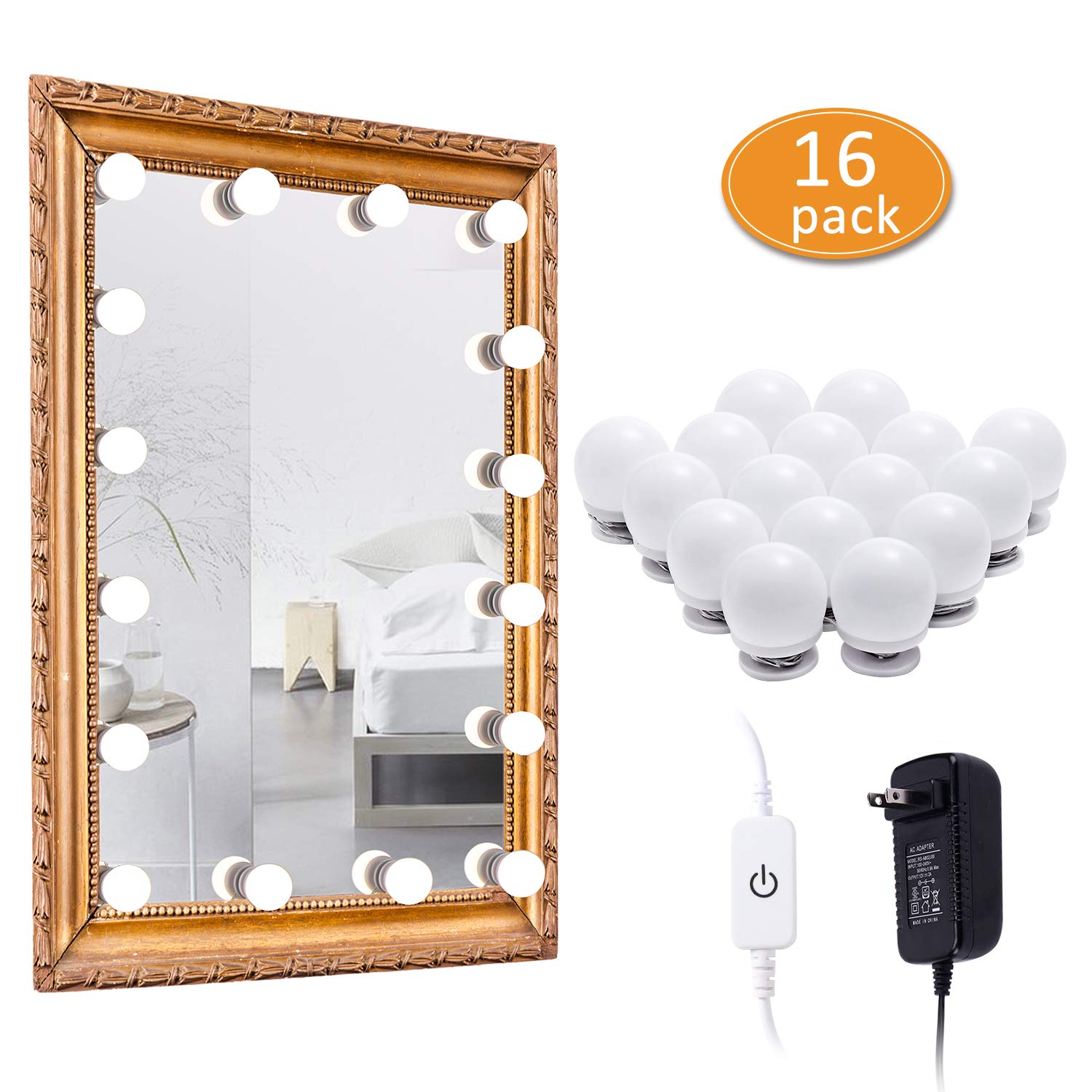 Laboreducer Led Vanity Mirror Lights With 16 Dimmable Light Bulbs, Plug In Hollywood Style Makeup Lights With Power Supply For F
