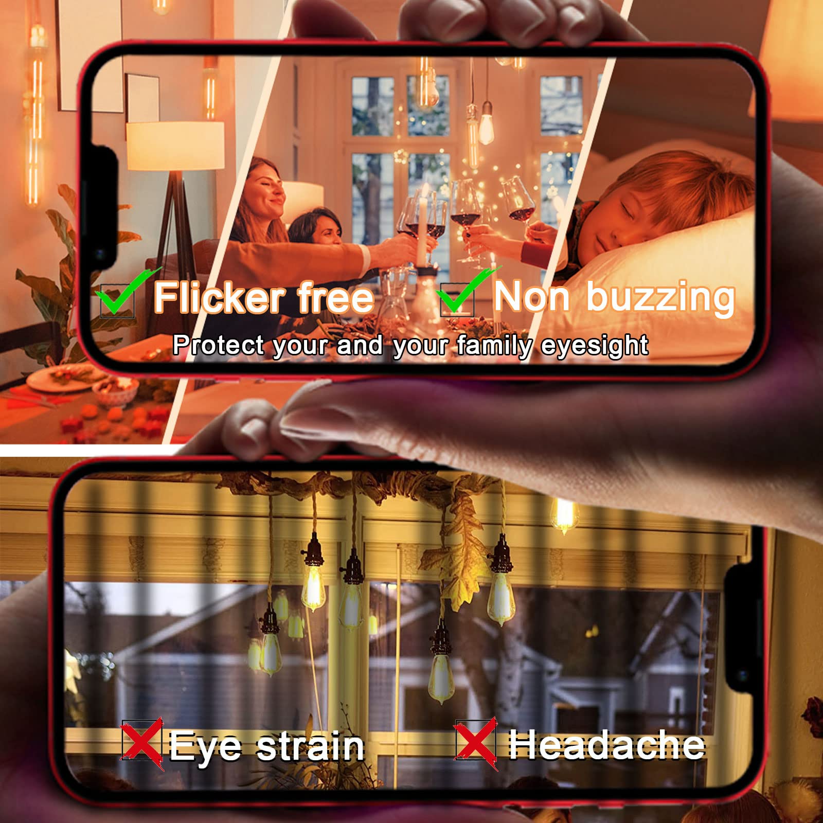 NOVELUX Edison Bulbs 60W LED Dimmable T10 Tubular Light, 2200K Amber, Glass, E26 Base, 6 Pack