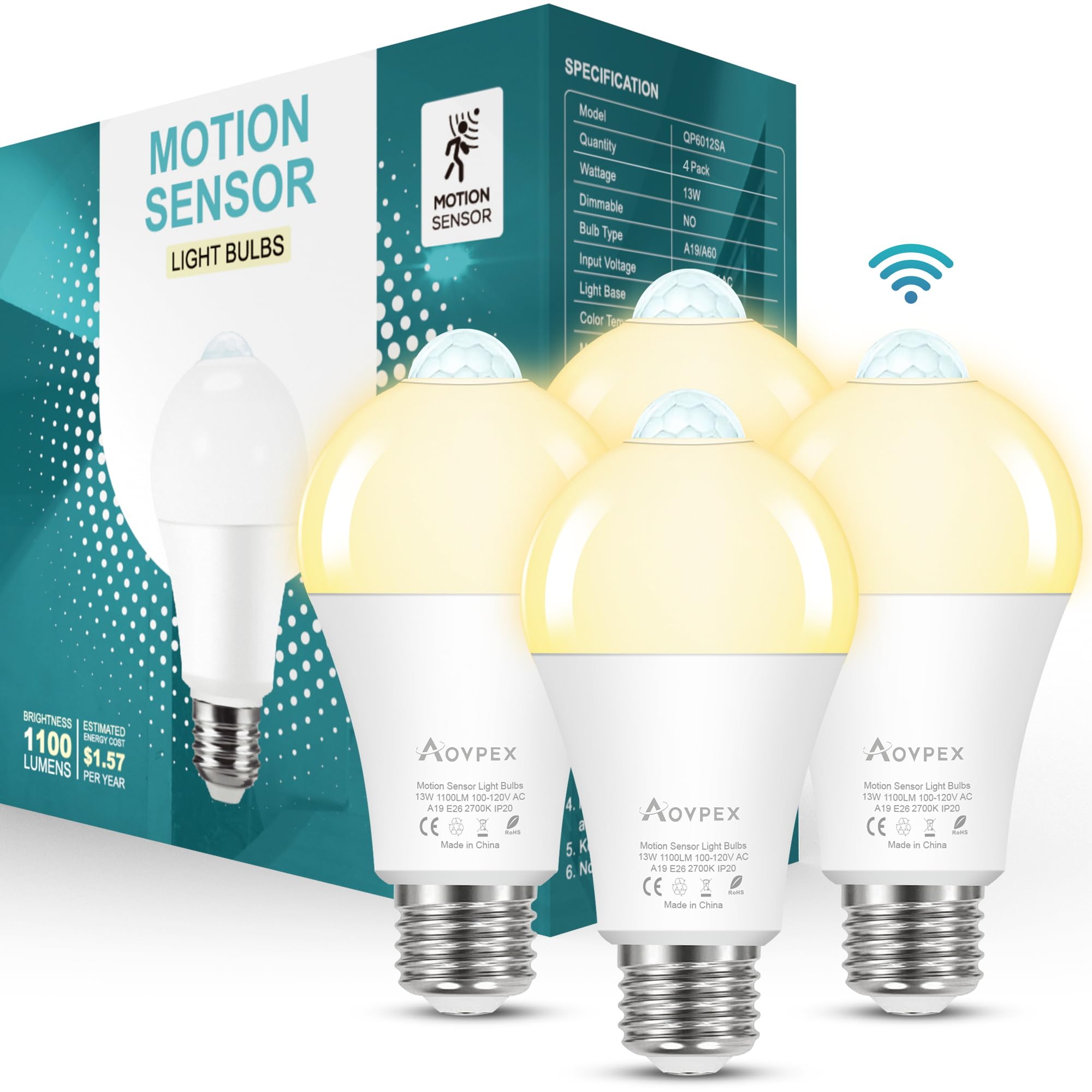 Aovpex Motion Sensor Light Bulbs, Dusk to Dawn, 13W 100W Equivalent, Movement Activated Security LED Bulb, 2700K Warm White, for