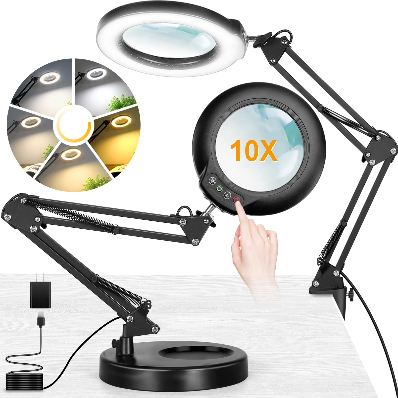 Ivmaie 10X Magnifying Glass With Light And Stand, 2-In-1 Lighted Magnifier With Clamp, 5 Color Modes Dimmable Led Desk Lamp Hands Free For Painting Craft Jewelry Sewing Hobby Model Close Work