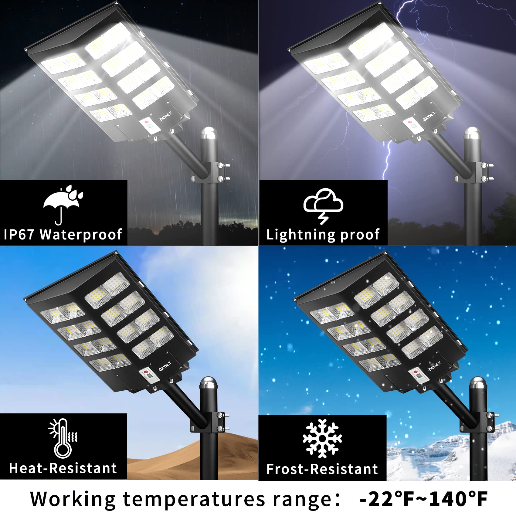 JAYNLT Y-3000W Solar Street Lights 300000LM 6500K Dusk to Dawn Waterproof Black Flood Lamps with Motion Sensor, 1Pack