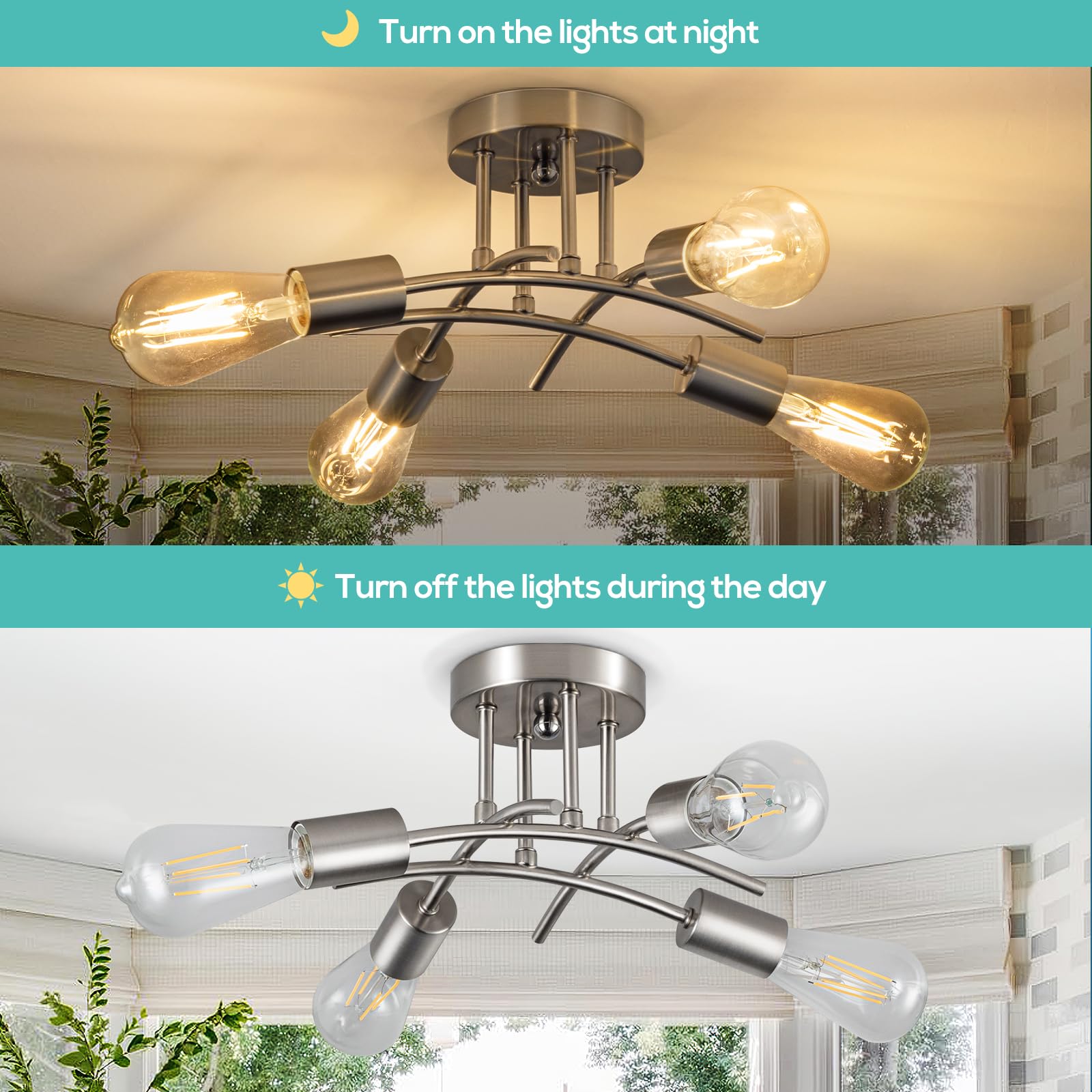 Piano7797 4-Light Industrial Semi Flush Mount Ceiling Light Fixture, Modern Sputnik Chandelier Light Fixture,Brushed Nickel Ceil