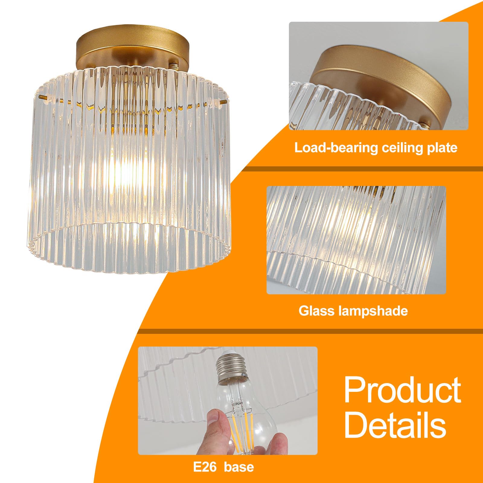 wochos Modern Semi Flush Mount Ceiling Light, Glass, Gold, Model JWY-J8026X, Ideal for Entryway, Hallway, Kitchen, Dining Room