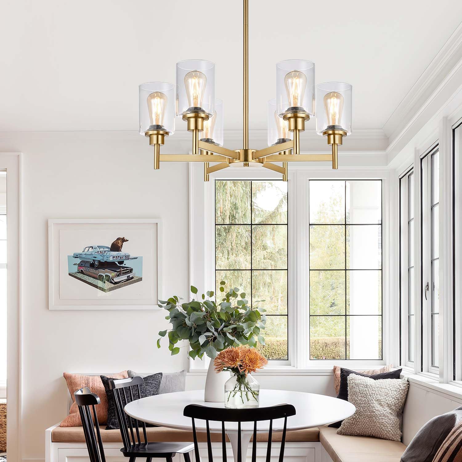 6 Light Farmhouse Chandeliers For Dining Room Light Fixtures Over Table, Industrial Chandelier With Clear Glass Shade For Living