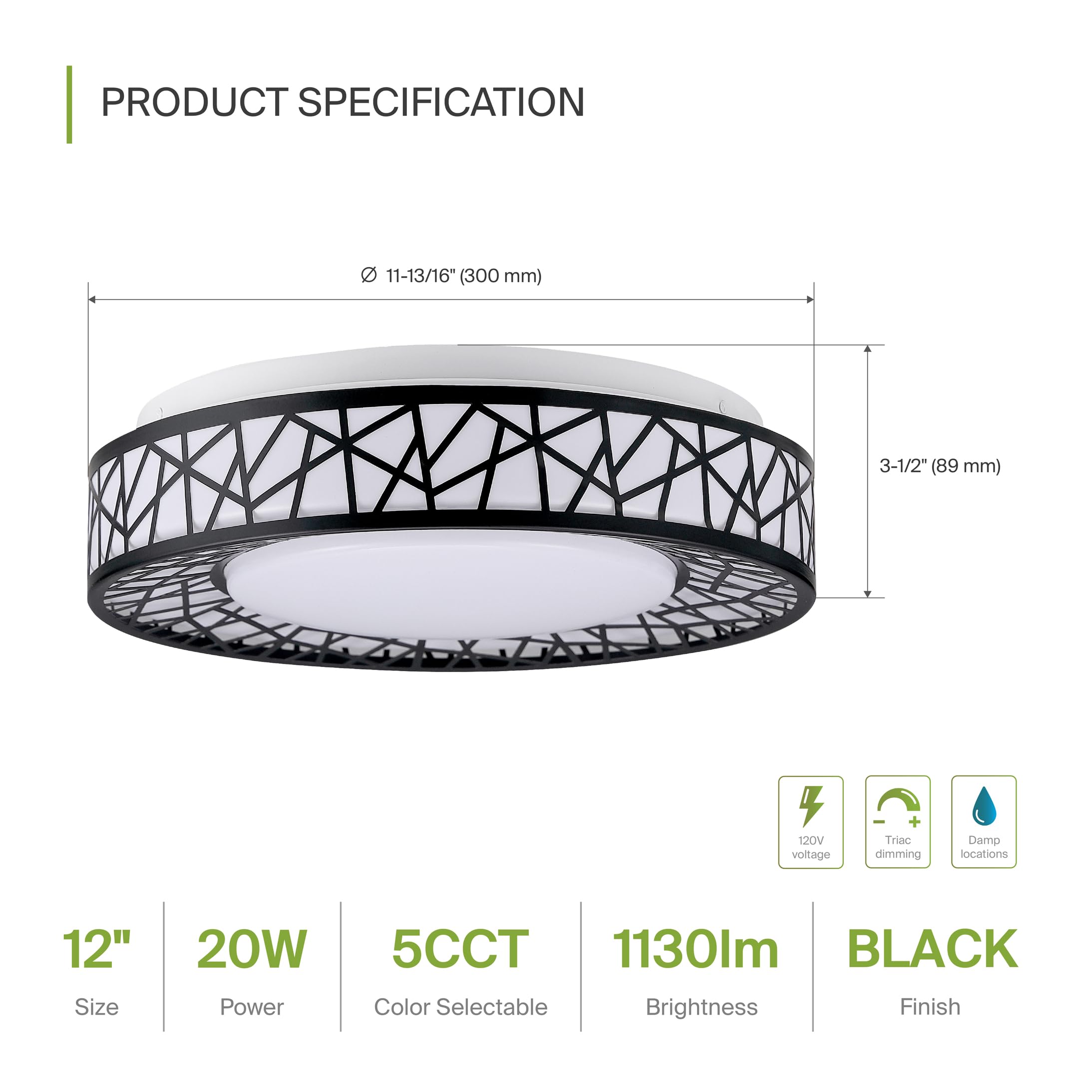 Asd 12 Inch Led Flush Mount Ceiling Light - Matte Black Modern Ceiling Light Fixture 20W 1113Lm, 2700-5000K Adjustable Dimmable