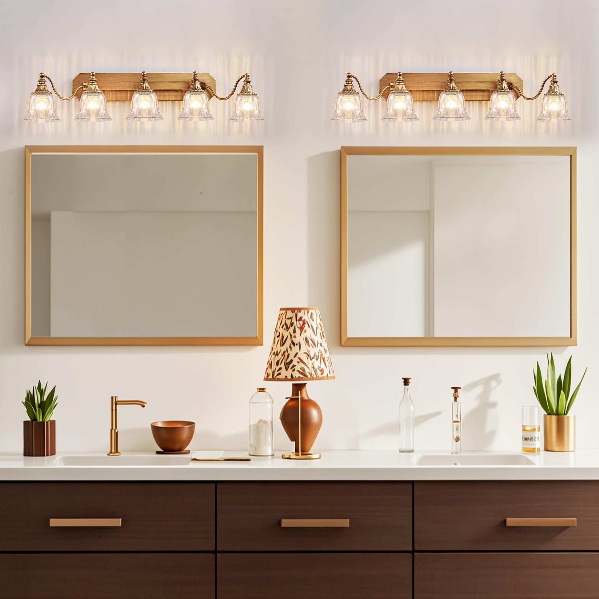 Dvmteom Gold Vintage Bathroom Light Fixtures  5-Lights Bathroom Vanity Light  Antique Brushed Gold Lighting Fixtures Over Mirror With Crystal Glass Shade  Wall Sconce Lighting
