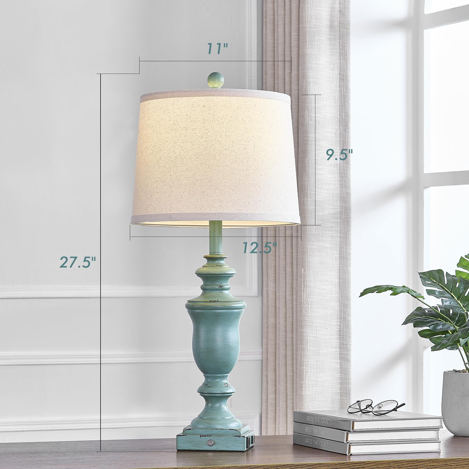 SAIWEYA 27.5" Farmhouse Table Lamps Set of 2, 3-Way Dimmable, Resin, Antique Green with USB & AC Outlet for Bedroom & Living Room