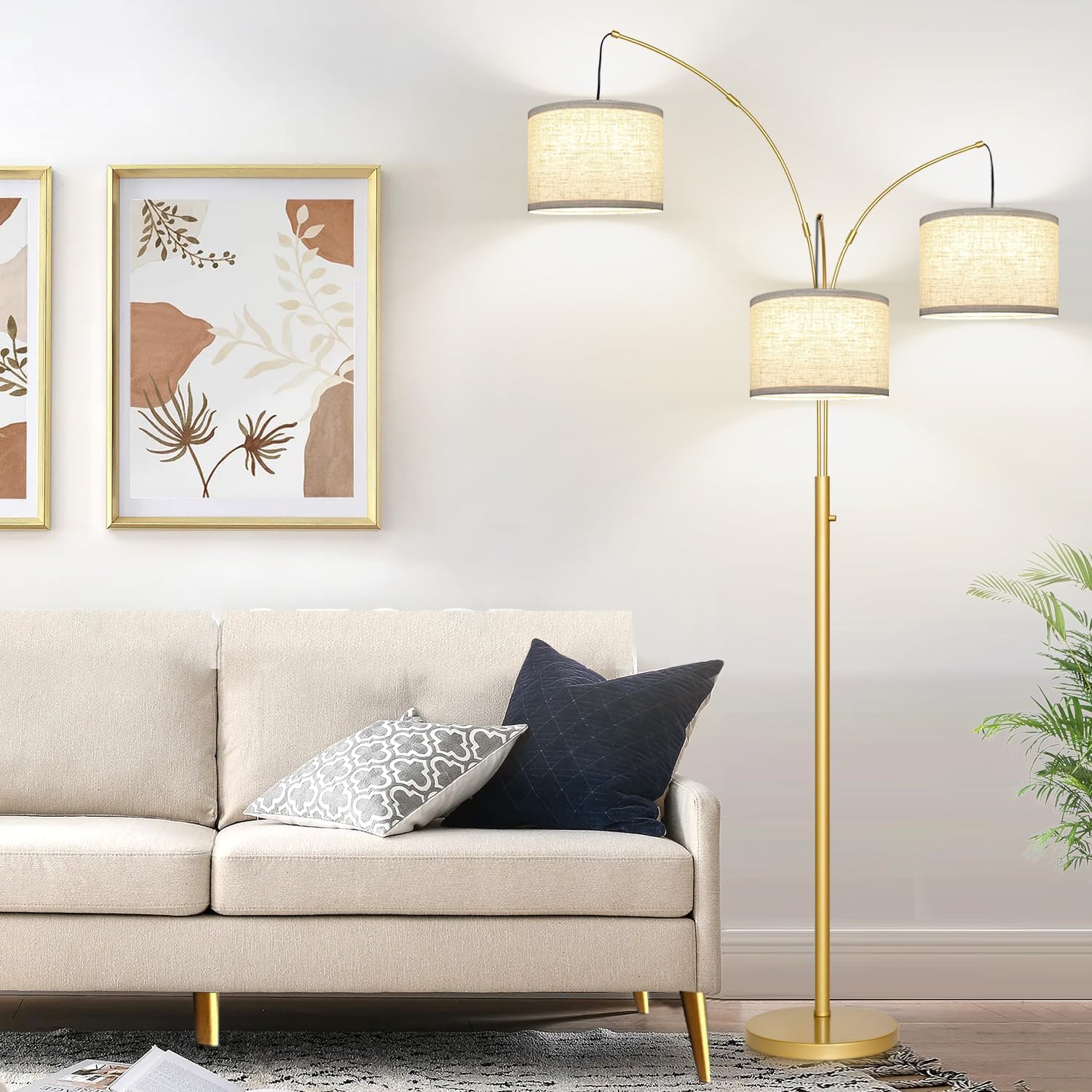 Nintiue Dimmable Floor Lamp - 3 Lights Gold Arc Floor Lamps For Living Room, 1000Lm Modern Tall Standing Lamp With White Shades,