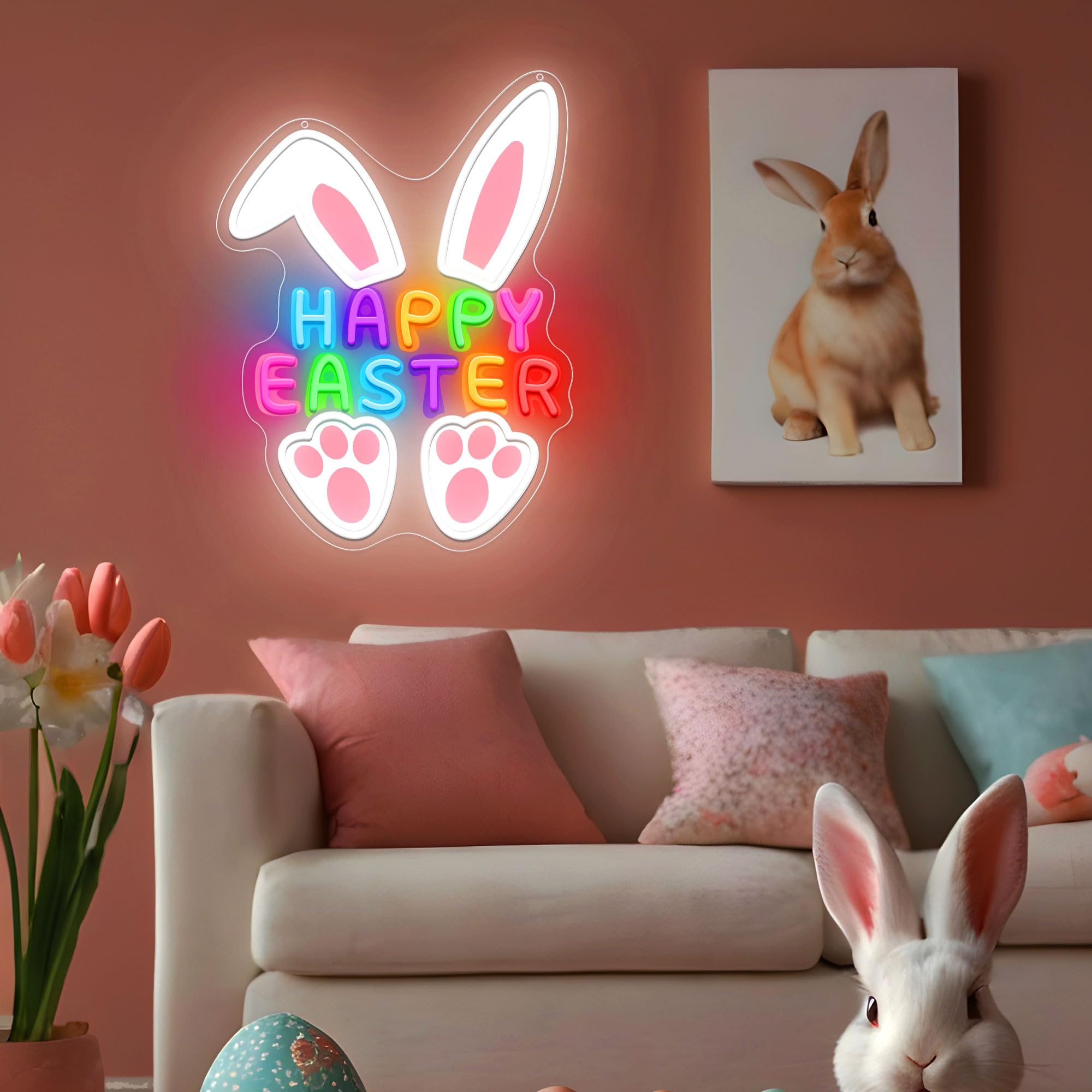 SELICOR Happy Easter Neon Sign,LED Bunny Egg Wall Decor, USB Dimmable Easter Party Decor for Easter Morning Surprises, Church Ev