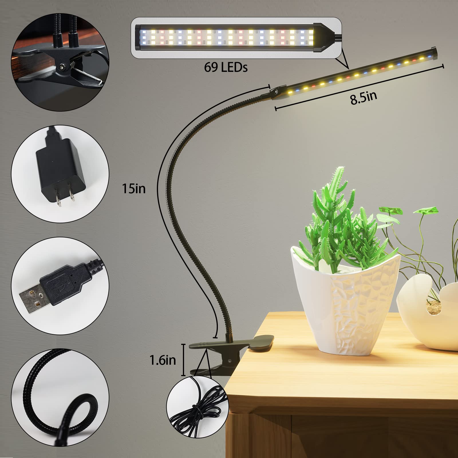 Gooingtop Grow Light Led Gooseneck Lamp,5000K 50W Full Spectrum Plant Lamp Clip-On Desktop For Indoor Plants Growing,Upgraded Timer 4 8 12 18Hrs,Brightness And Color Mode Changeable