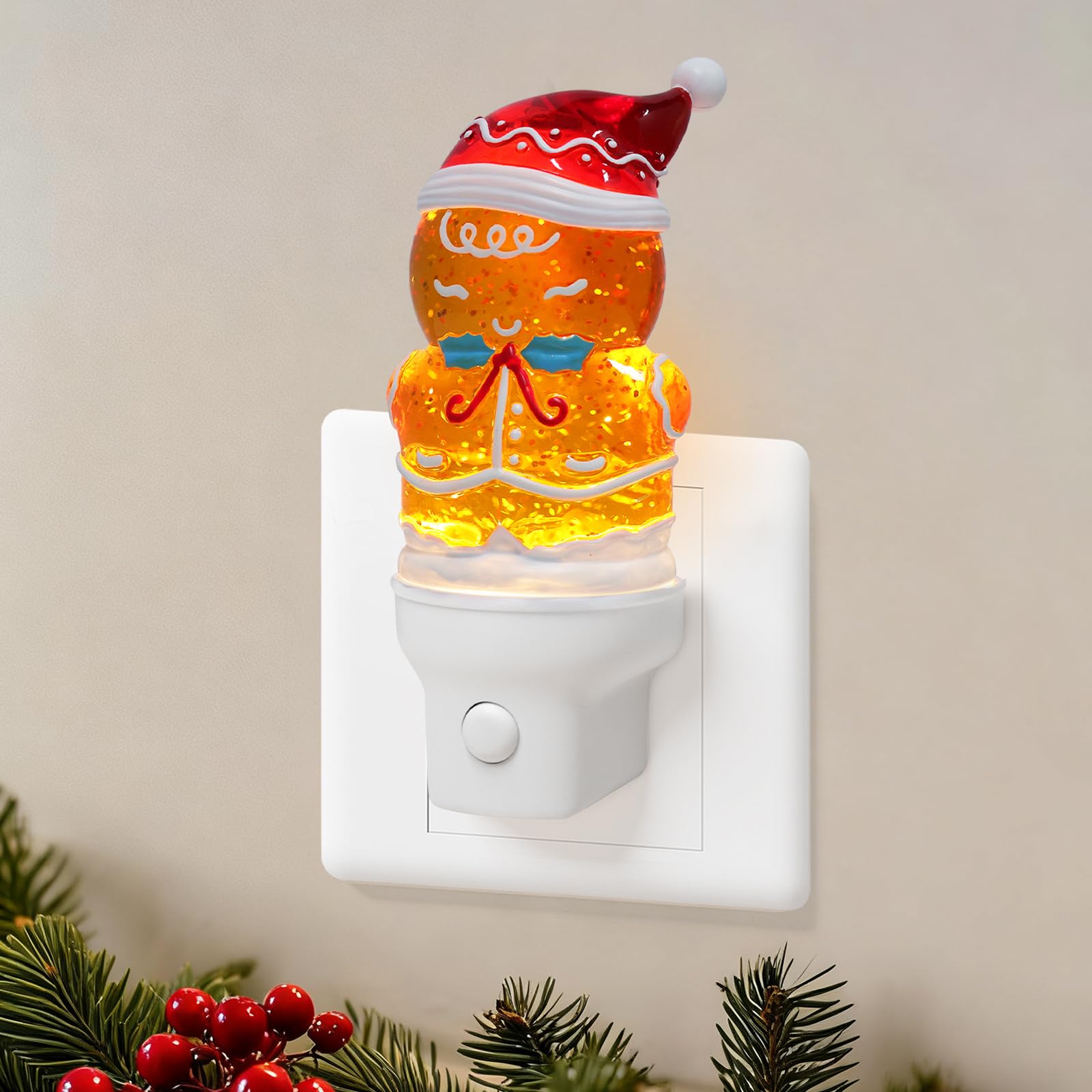 Christmas Night Light Plug into Wall Glitter Water Nightlight with USB/Outlet Options  Christmas Gingerbread Decorative Nightlight for Bedroom Kitchen Nursery Holiday Decorations Gifts (Gingerbread)